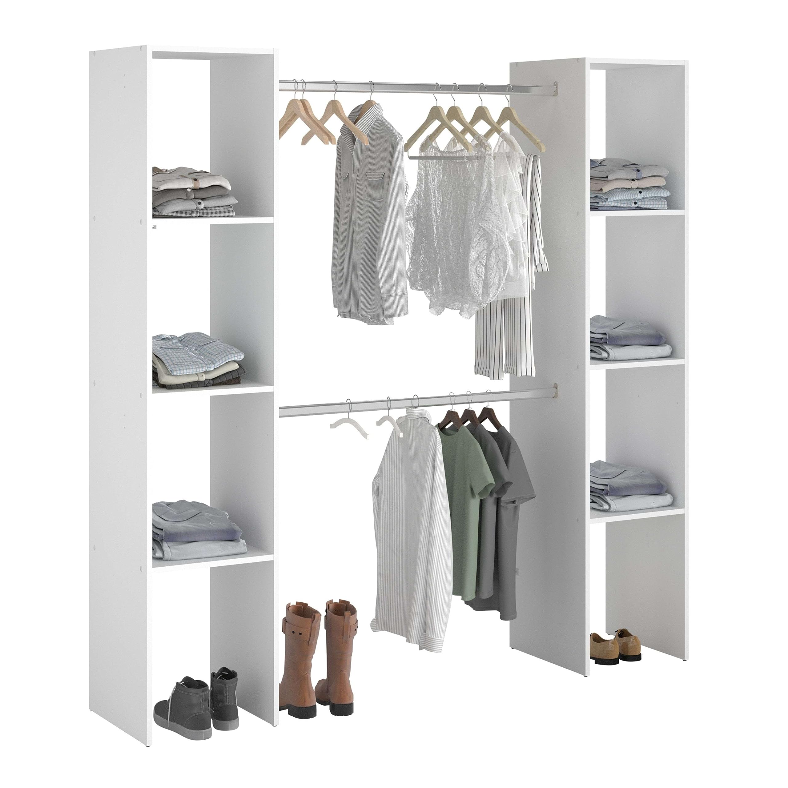 Miroytengo Vestidor Modular Abierto Custom para Dormitorio en Color Blanco Incluye 2 Modulo A con 6 Estantes y 2 Barra Colgadora 176x180 cm