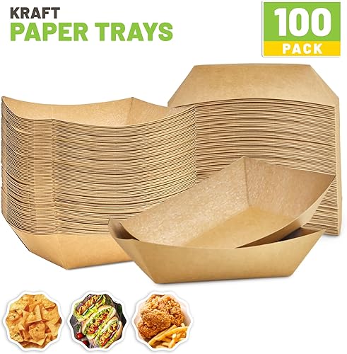 Miniatura 3 de Bandejas de papel para alimentos de 3 libras - Paquete de 100 bandejas desechables para nachos, bandejas de papel kraft para tacos, cestas para