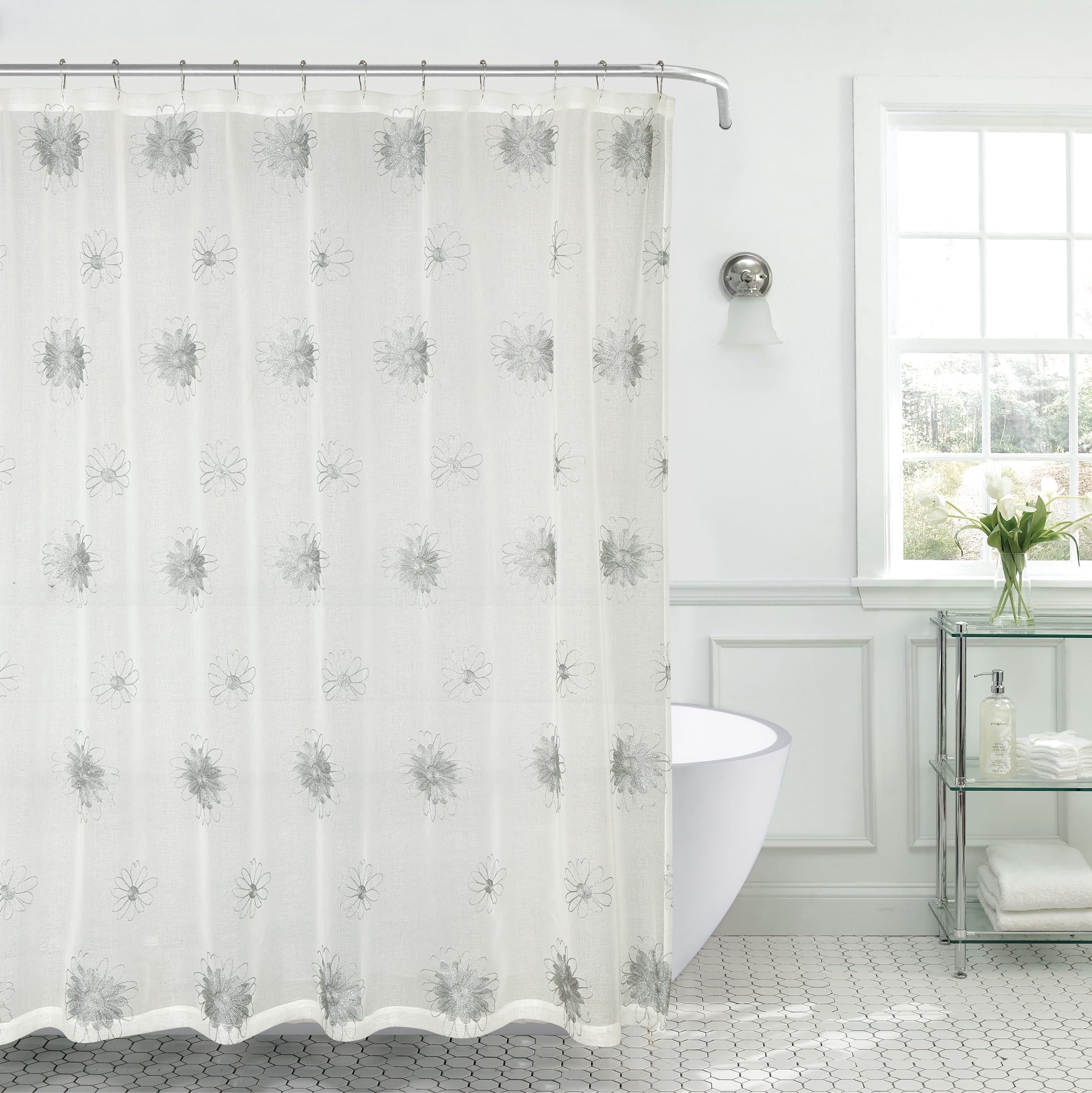 Serafina Home Decorative Sheer Ivory Fabric Shower Curtain for Bathroom: Creme Silver Embroidered Floral Design with Metallic Silver Accents
