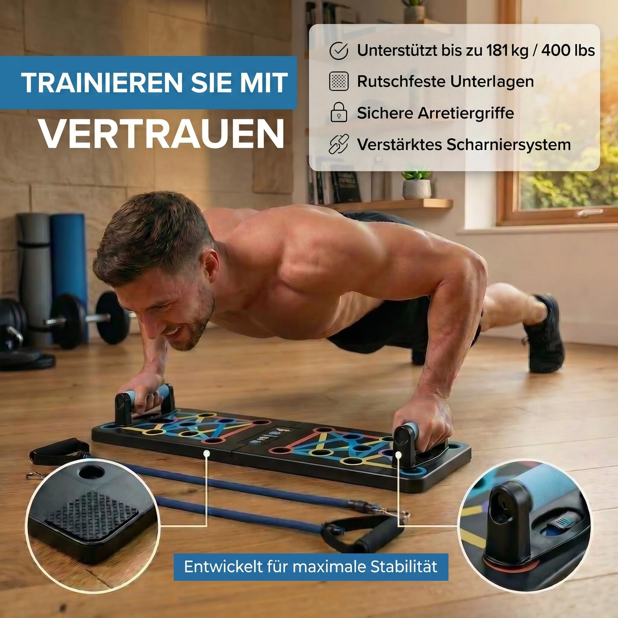 Body & Mind® Push-Up Liegestütz-Brett; Faltbares Multifunktions Elite Rack Fitness-Board für Ganzkörper-Training & Effektive Liegestützen; Liegestütz-Griffe mit Gratis Trainingsbänder & E-Book