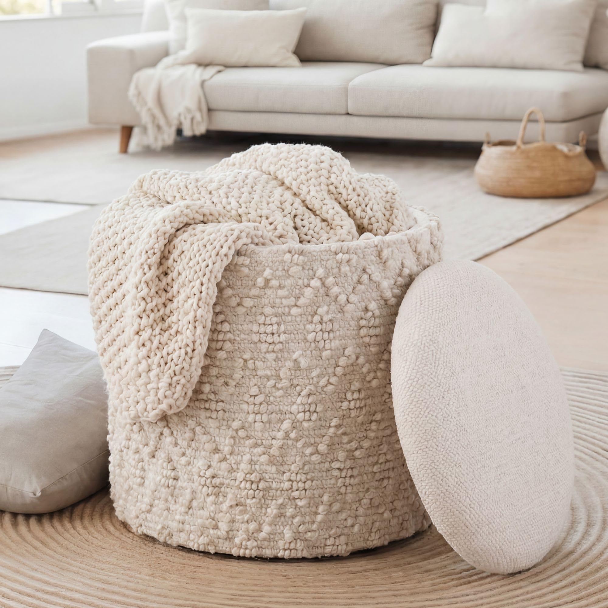 WOHNLING Pufa ze Schowkiem Ø 40 cm Wełna Kremowa, Pufa Okrągła