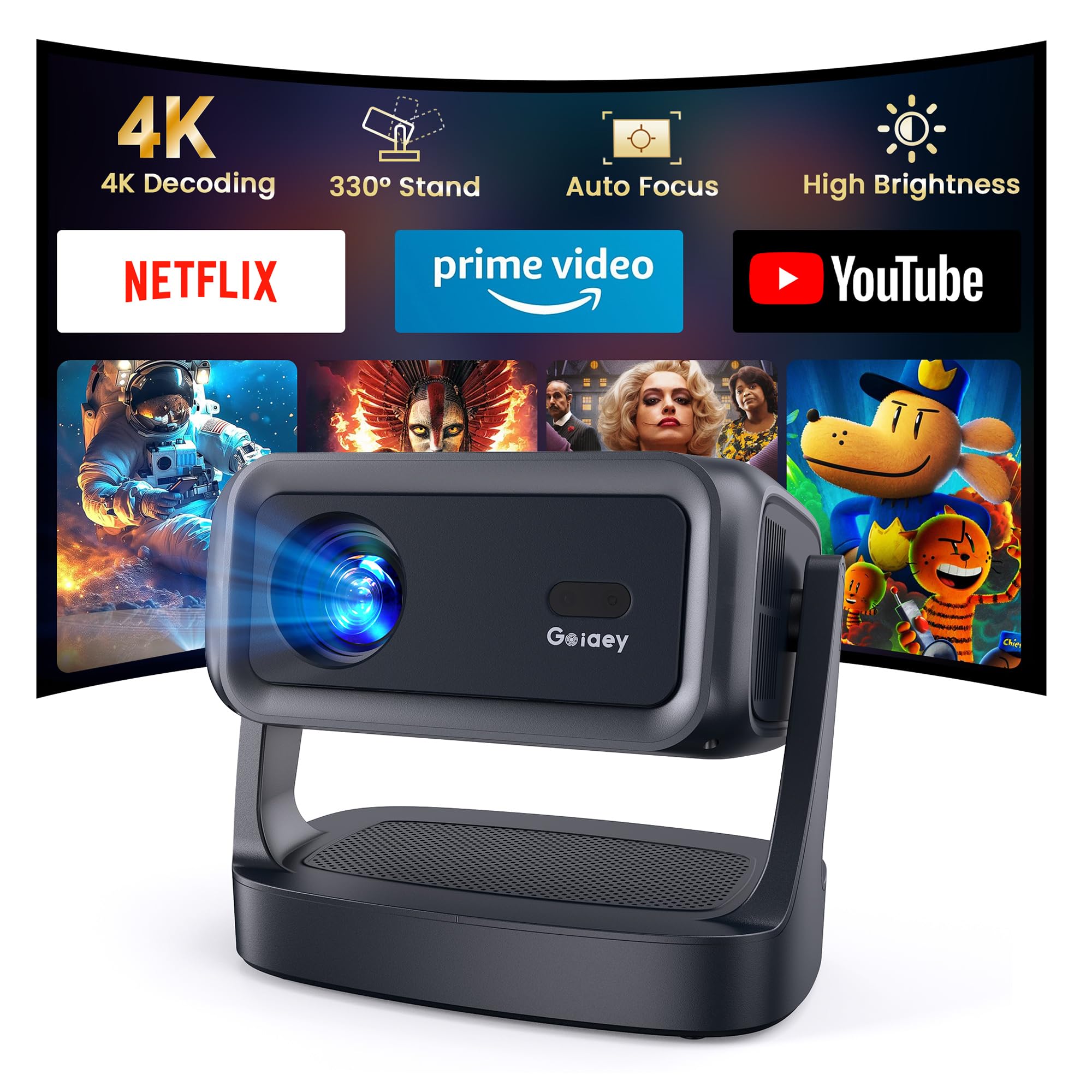 Photo 1 of [3000 ANSI/ 330°Stand/Built in Apps] 4K-Projector with WiFi and Bluetooth, Goiaey GO2 Mini Outdoor Projector with Auto Focus, DoIby, Zoom, Portable Projector for Bedroom/Home/Celling