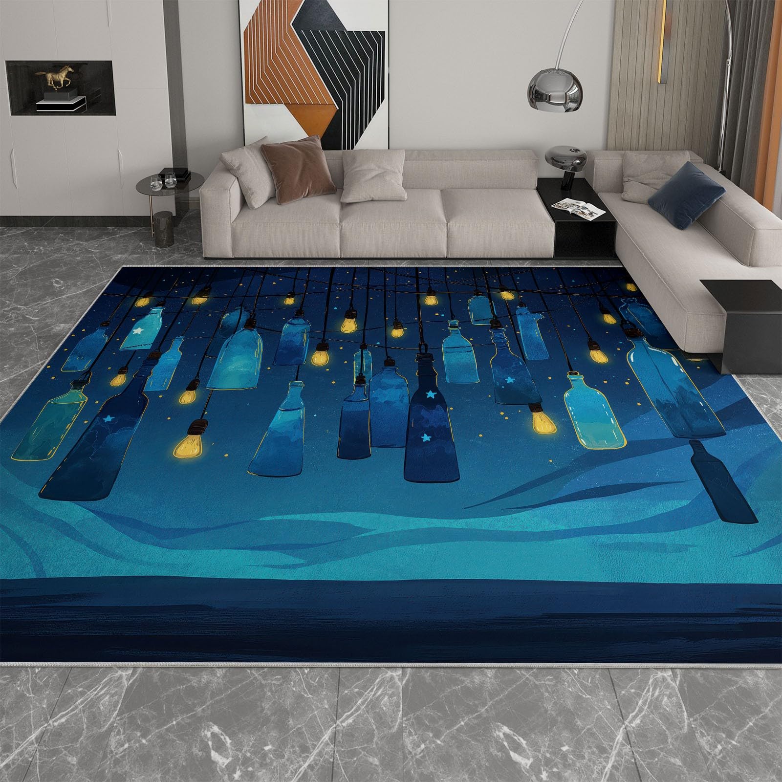 Tapis de salon antidérapant et lavable bleu étoiles magique 180x240