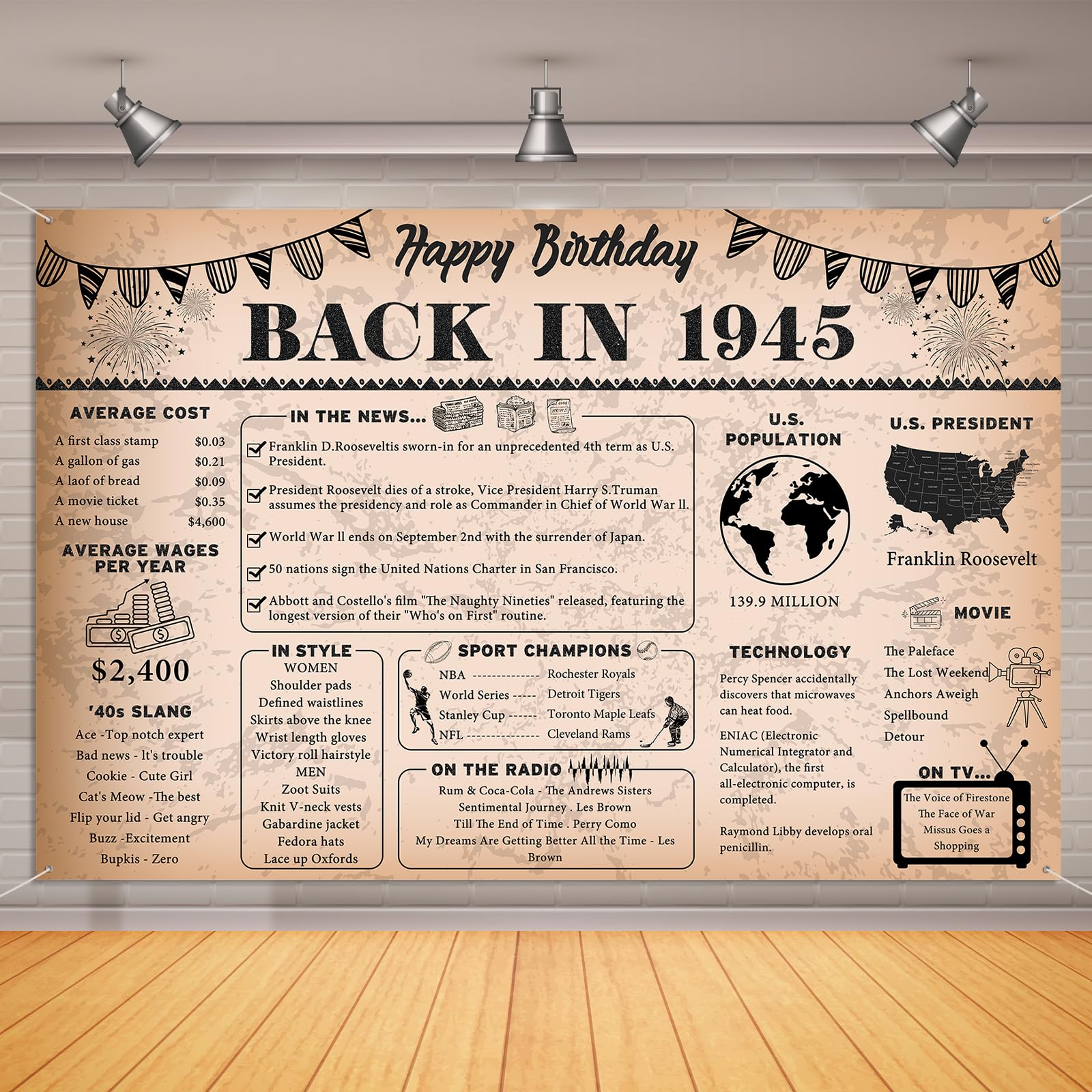 80th Birthday Decorations Vintage Back in 1945 Backdrop Banner, 6 x 4 ft Vintage 1945 Happy Birthday Photography Background Supplies