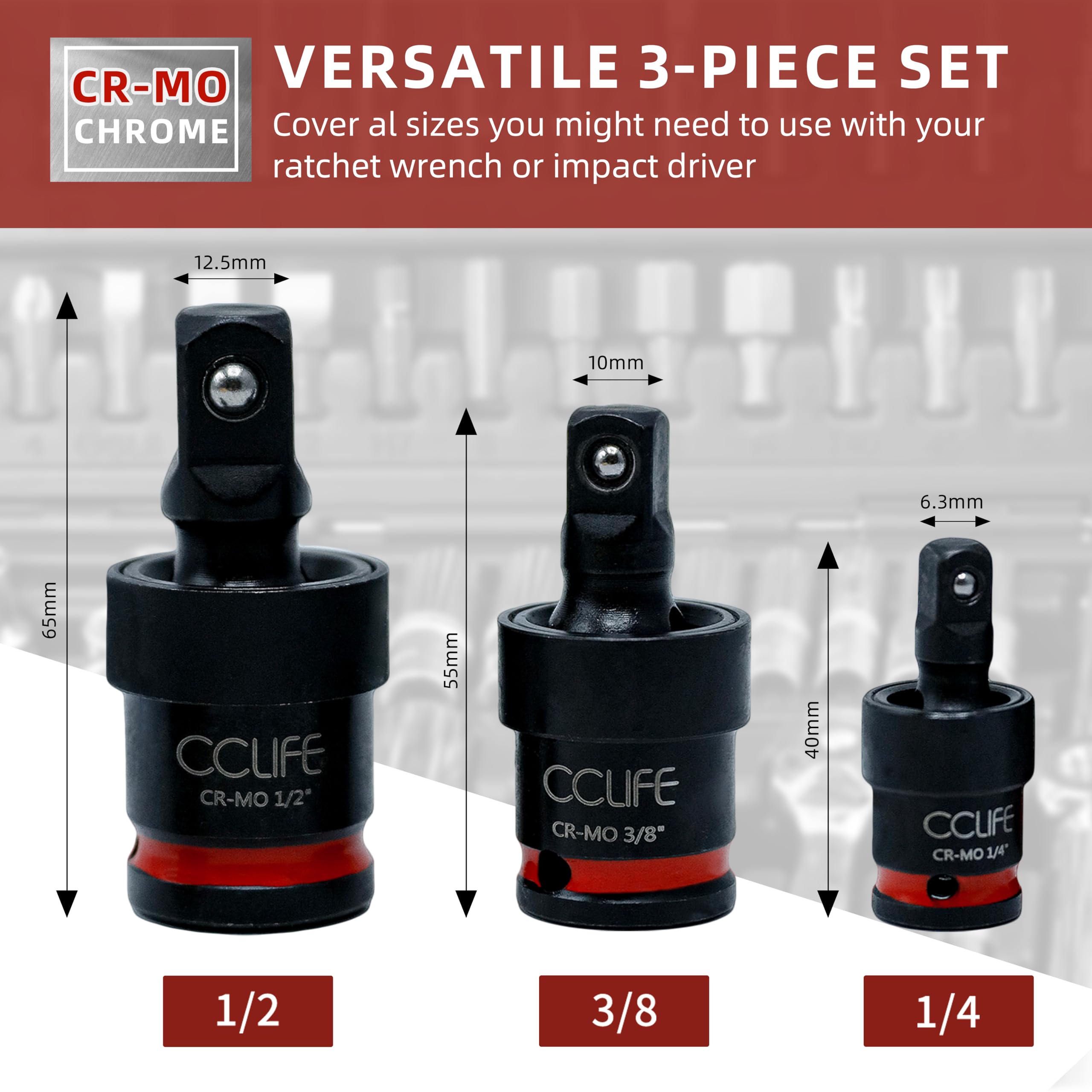 LEXIVON Cardan 1/2 3/8 et 1/4 pour clé à choc ou cliquet embouts outils, qualité primium Cr-Mo Steel, fonctionnalité de rotation à 360° degrés très pratique (LX-113 LEXIVON Cardan 1/2 3/8 et 1/4 pour clé à choc ou cliquet embouts outils, qualité primium Cr-Mo Steel, fonctionnalité de rotation à 360° degrés très pratique (LX-113