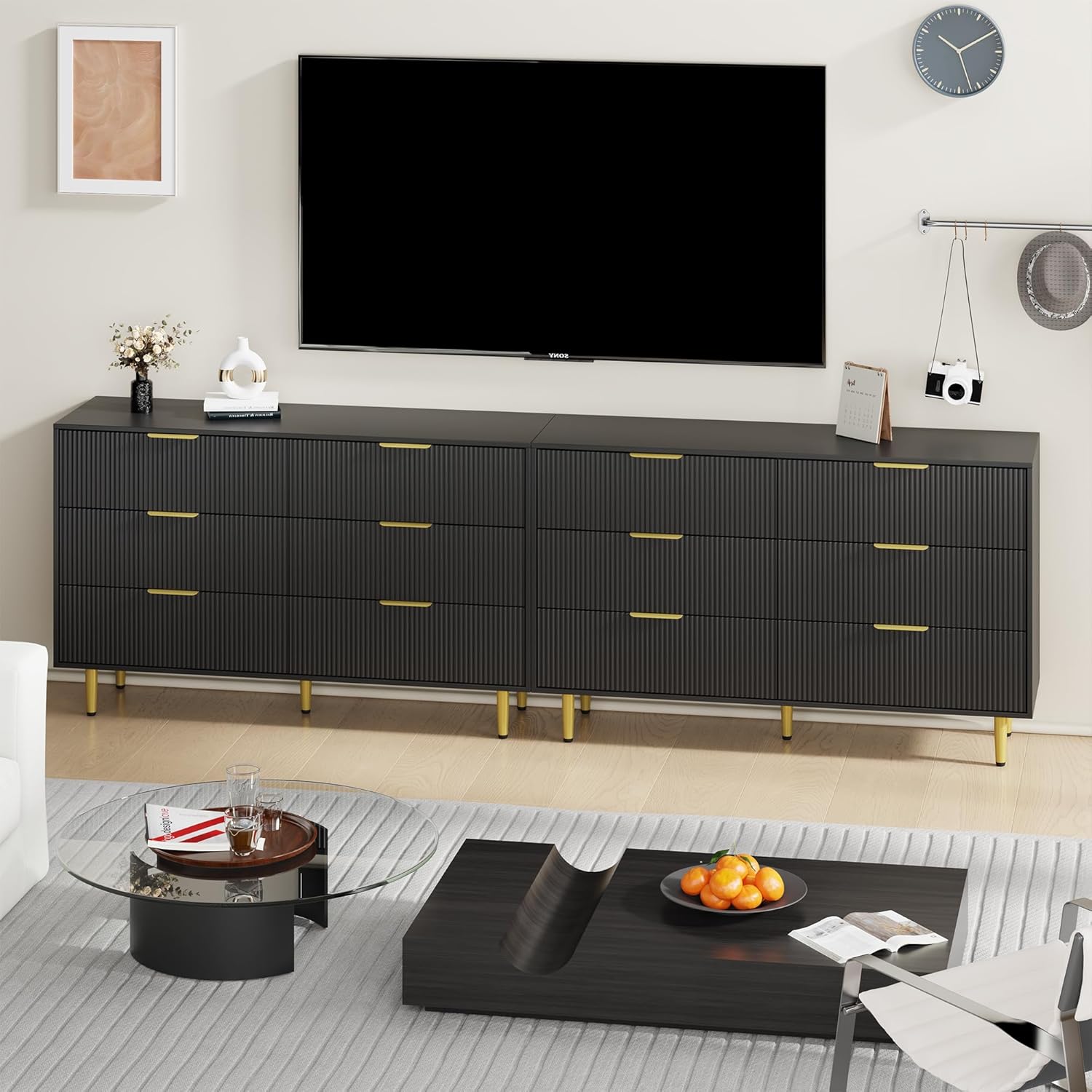GarveeHome 6 Drawer Dresser, Modern Black Fluted Dresser for Bedroom, Wooden Wide Chest of Drawers Storage Organizer with Metal Handles & Legs for Living Room, Entryway, Apartment