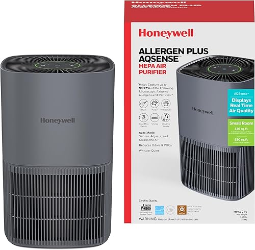 Honeywell Allergen Plus AQSense - Purificador de aire HEPA para el hogar, dormitorio y mascotas, cobertura de 530 pies cuadrados, sensor de calidad