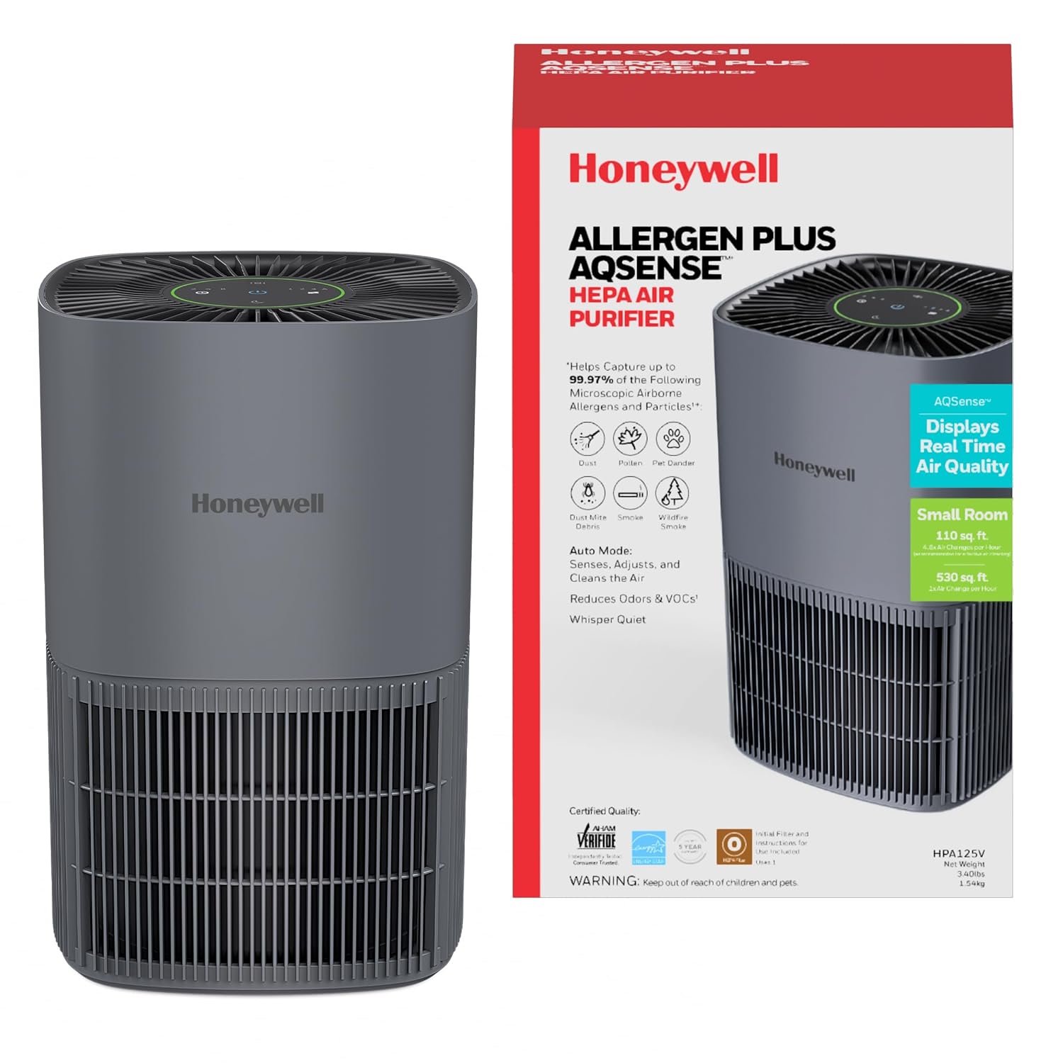 Honeywell Allergen Plus Compact HEPA Air Purifiers for Bedroom with 3-in-1 Filter Smoke Odor Reducer Air Quality Sensor