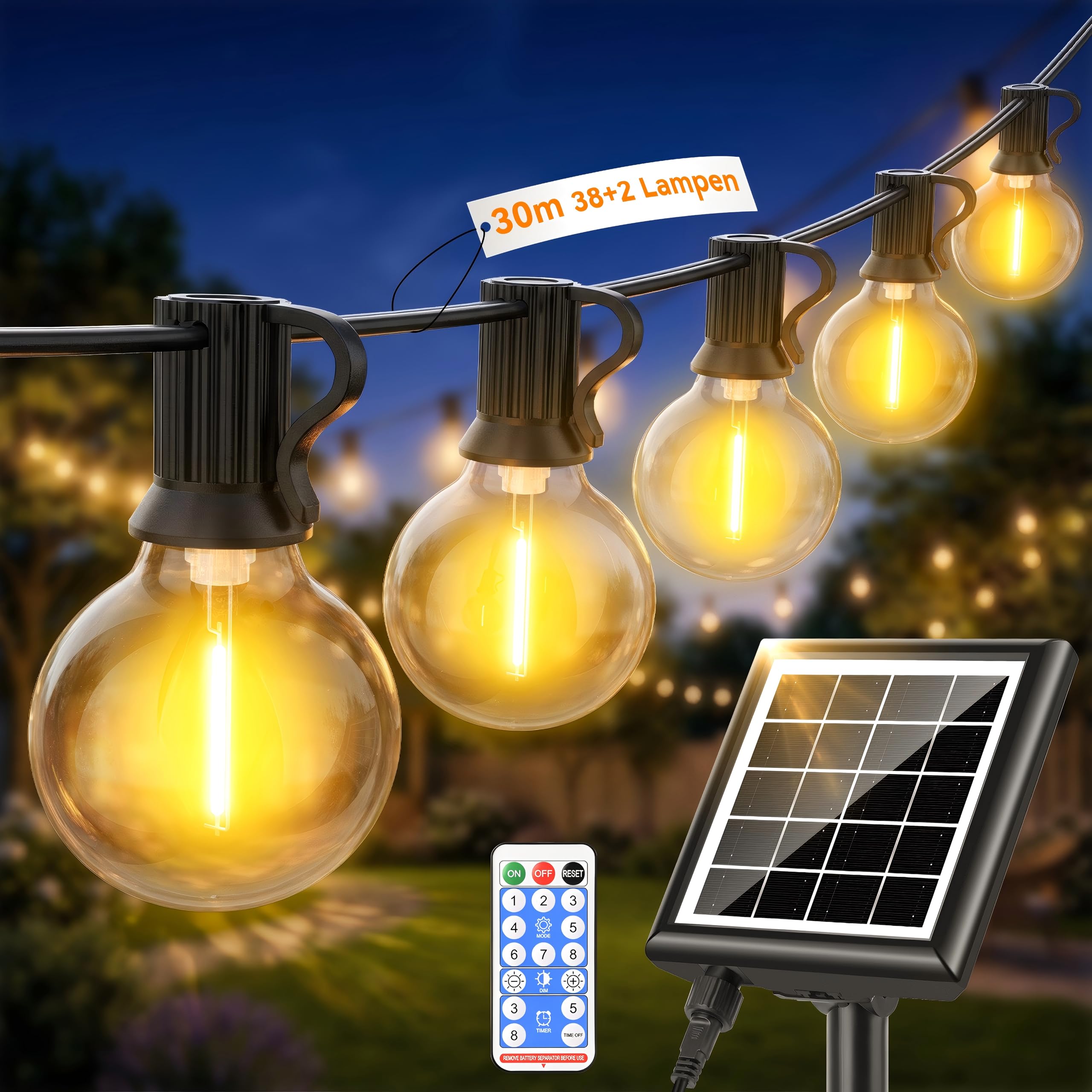 30M Solar Lichterkette Außen Wetterfest, LED G40 Glühbirnen Dimmbar Outdoor Solarlichterkette mit Fernbedienung, 8 Modi & Timer Aussen & Innen Solar lights für Balkon Garten Pavillon Party Fest