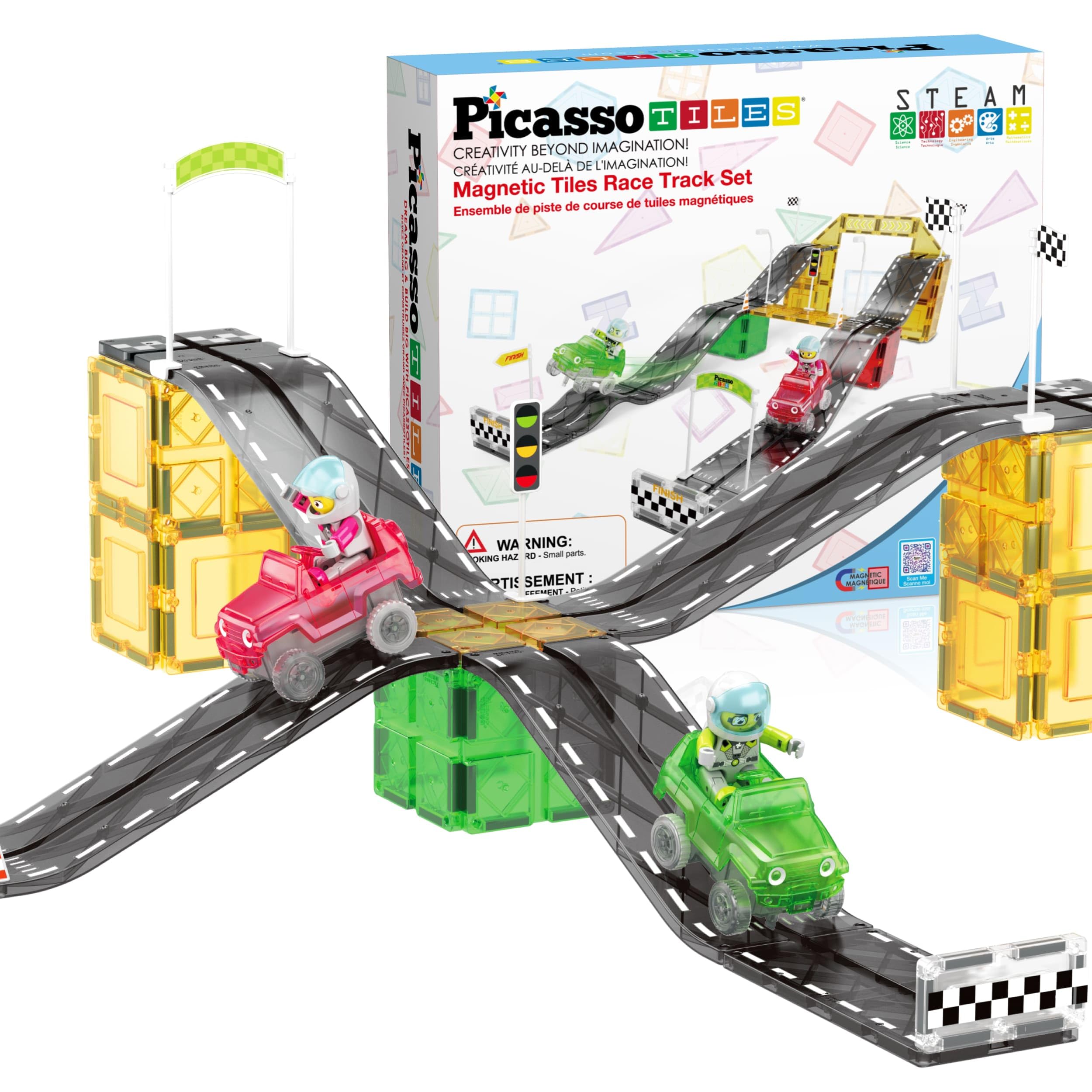 PicassoTiles Magnet Tile Race Car Track Construction Building Block Toy Kit with Character Action Figures and Racing Cars Magnetic Tiles STEM Educational Learning Pretend Play Blocks Kids Age 3+ PTR05