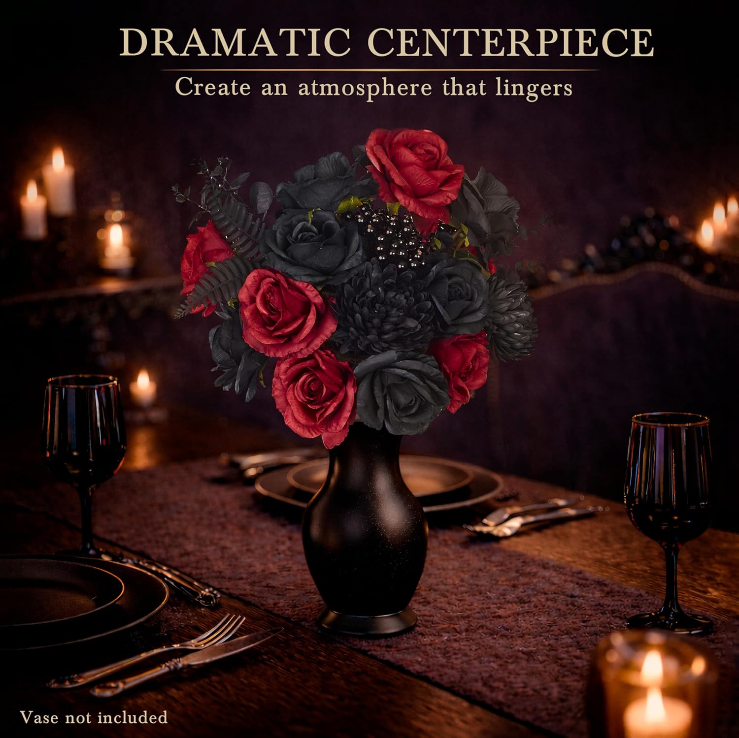 Gothic Roses Bouquet – Black and Red Artificial Silk Flower Arrangement – Goth Home Decor for Vases, Shelves & DIY Dark Floral Table Centerpieces – Gothic Valentine’s Day Gift for Her