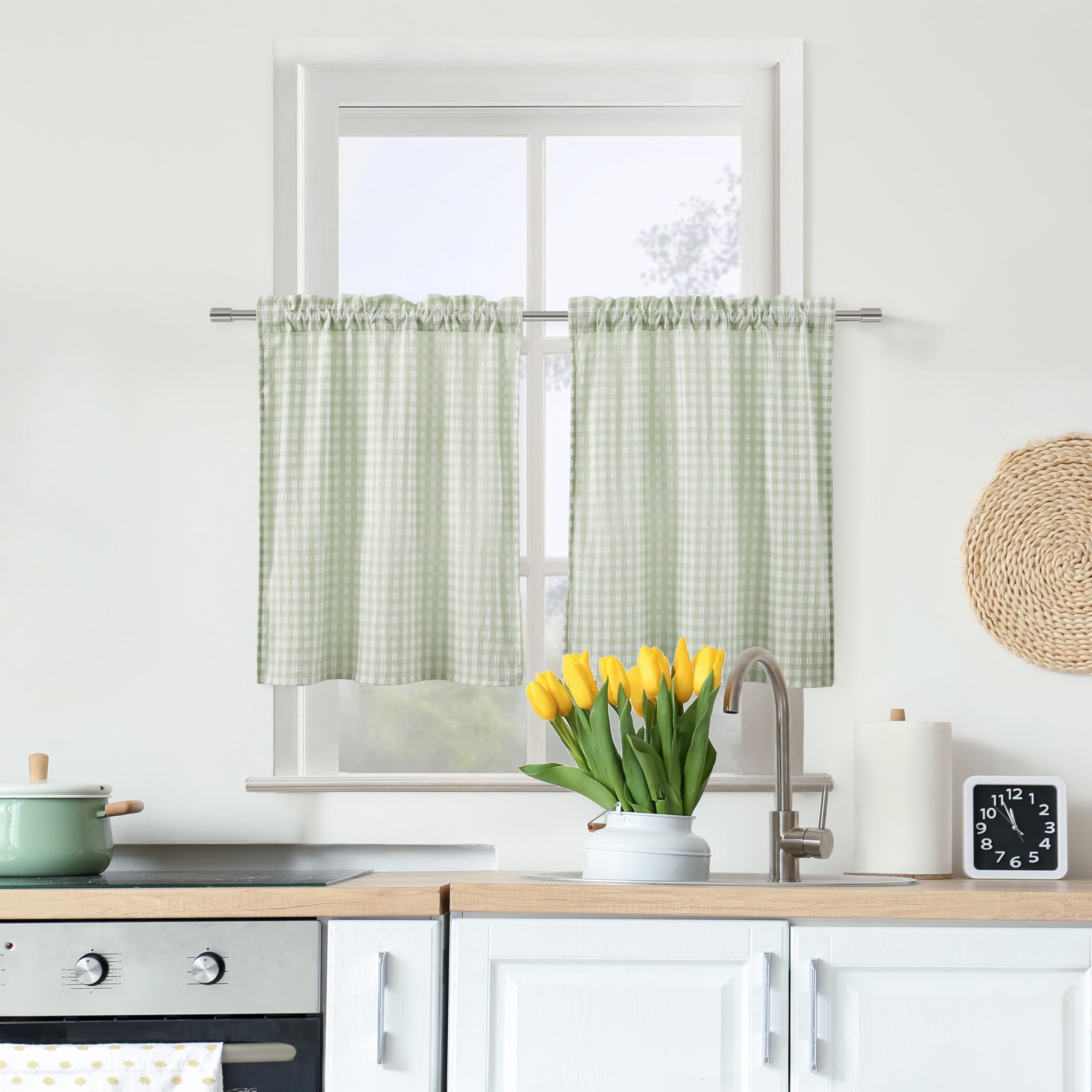 ZJDECOR Sage Green White Buffalo Plaid Tier Cafe Curtains 24 Inches Long