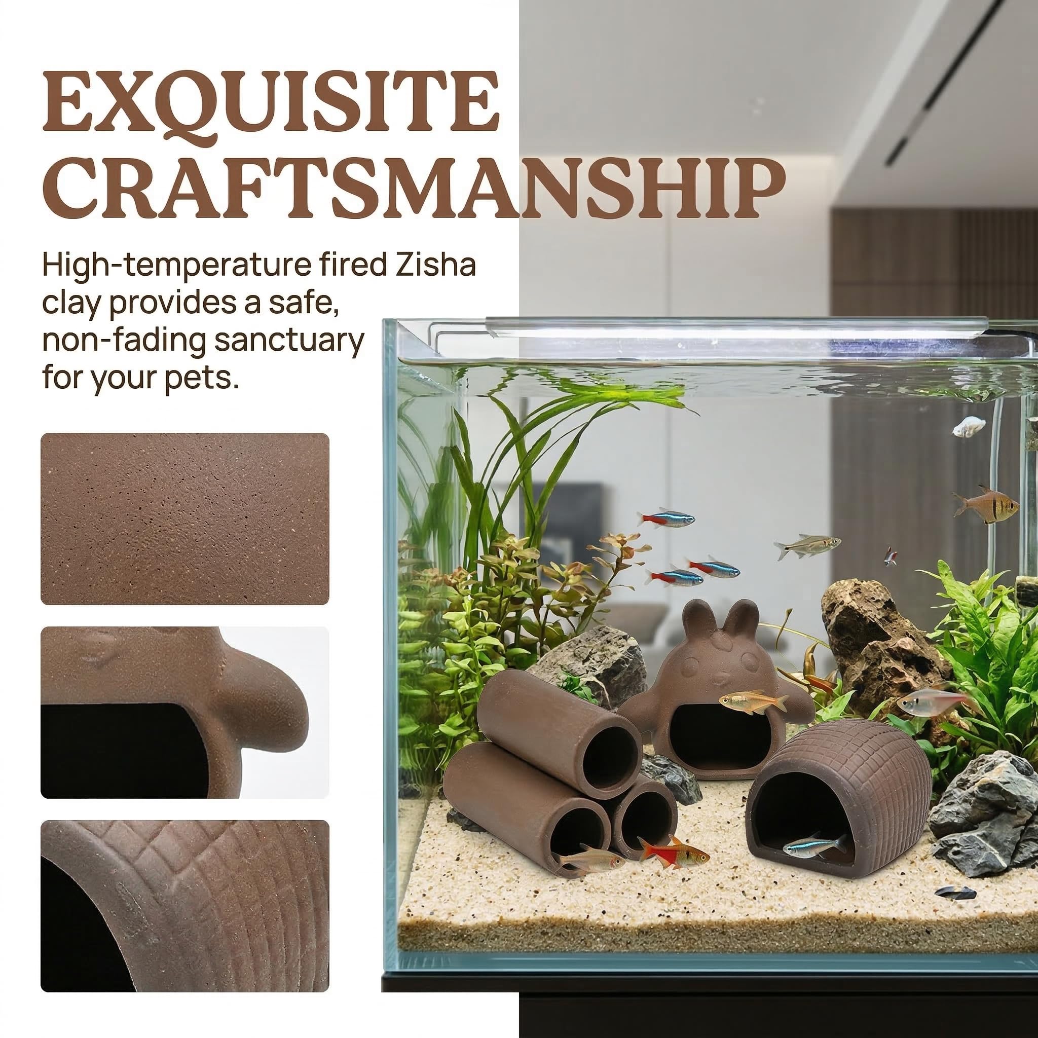 Lot De 5 Caches Et Grotte Aquarium en Argile Violette Décoration Naturelle Poisson-Chat Abri en Céramique Forme Torii Rouleau De Terre Petit Cube Cachette Aquarium