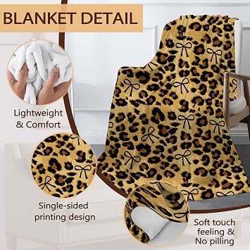 Throw Blanket for Couch,Brown Leopard Print Plush Fall Throw,Black Bow Soft Fluffy Blanket for Sofa Decoration,Flannel Fleece Blanket for Naps,Reading,Traveling,Camping,50 X 60 Inch