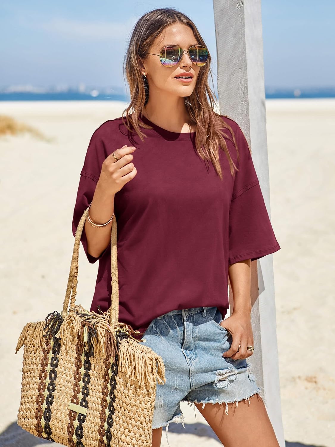 Tankaneo Womens Oversized Tshirts Summer Casual Short Sleeve Crew Neck T Shirt Loose Fit Side Slit Tee Tops - Image 4