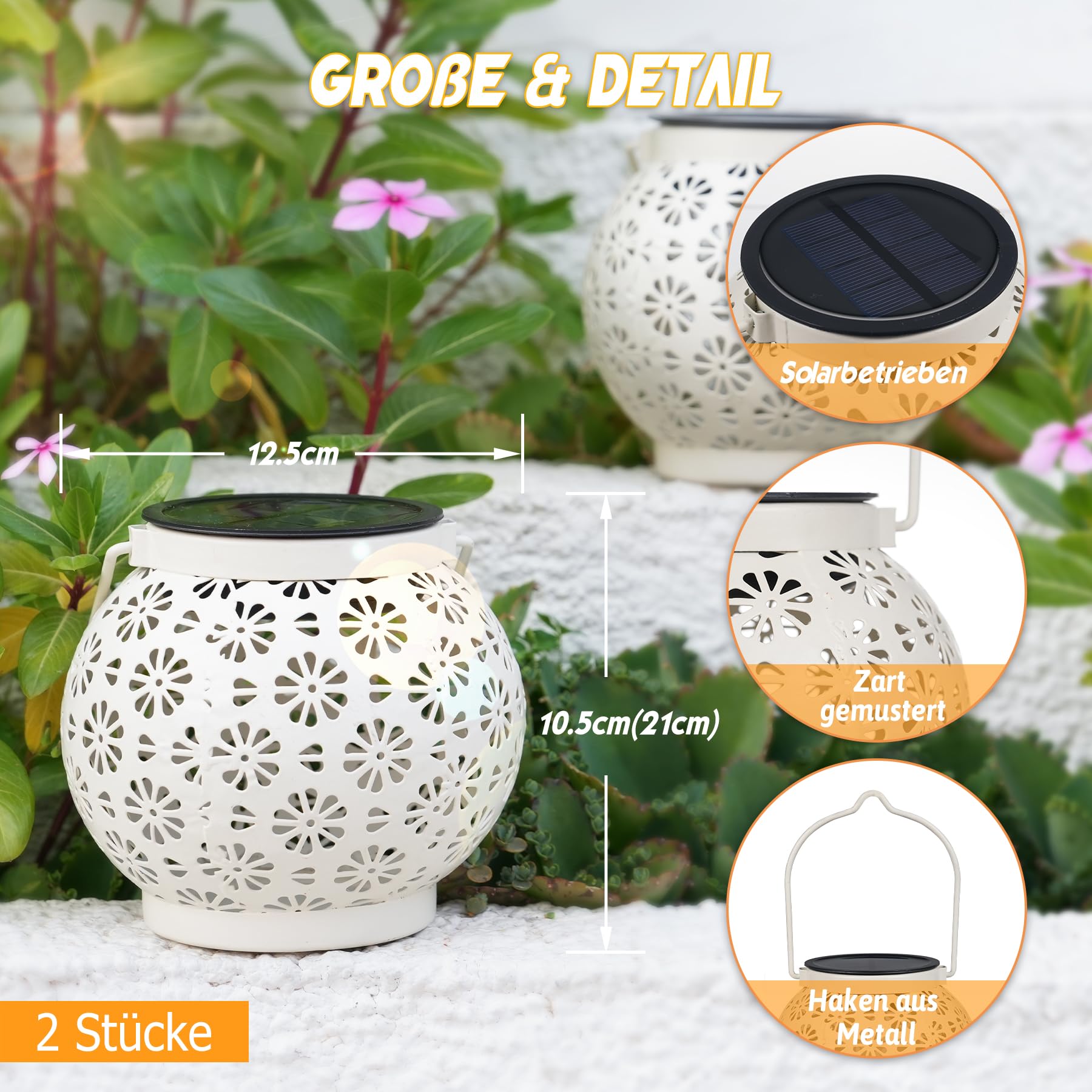 JOYCREATOR Linternas solares, 2 unidades, LED de metal impermeable IP65, 10 horas de vida, para colgar al aire libre, decoración de jardín, porche, mesa, balcón, terraza