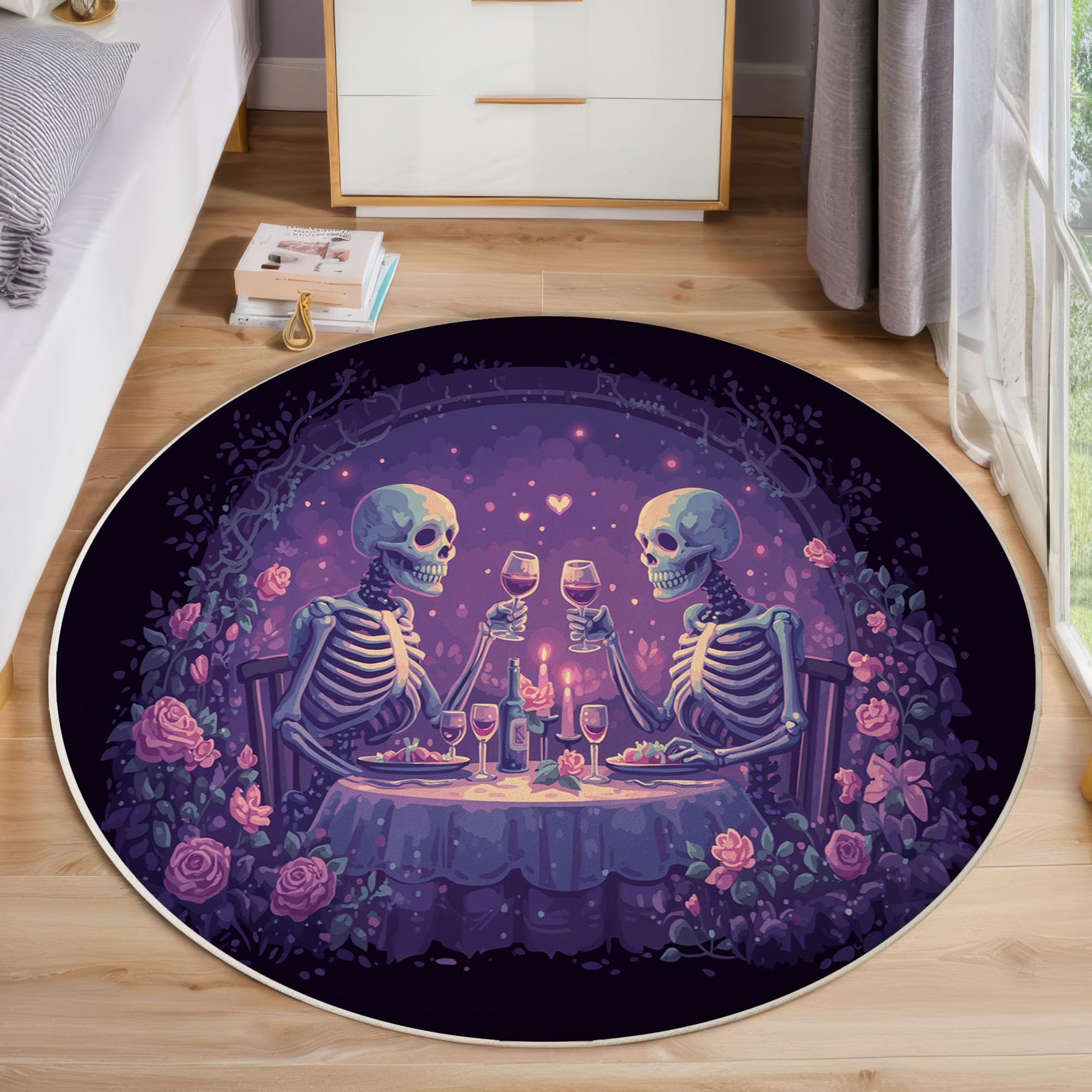 Tapis rond couple de crânes pour un dîner romantique et mystique au salon