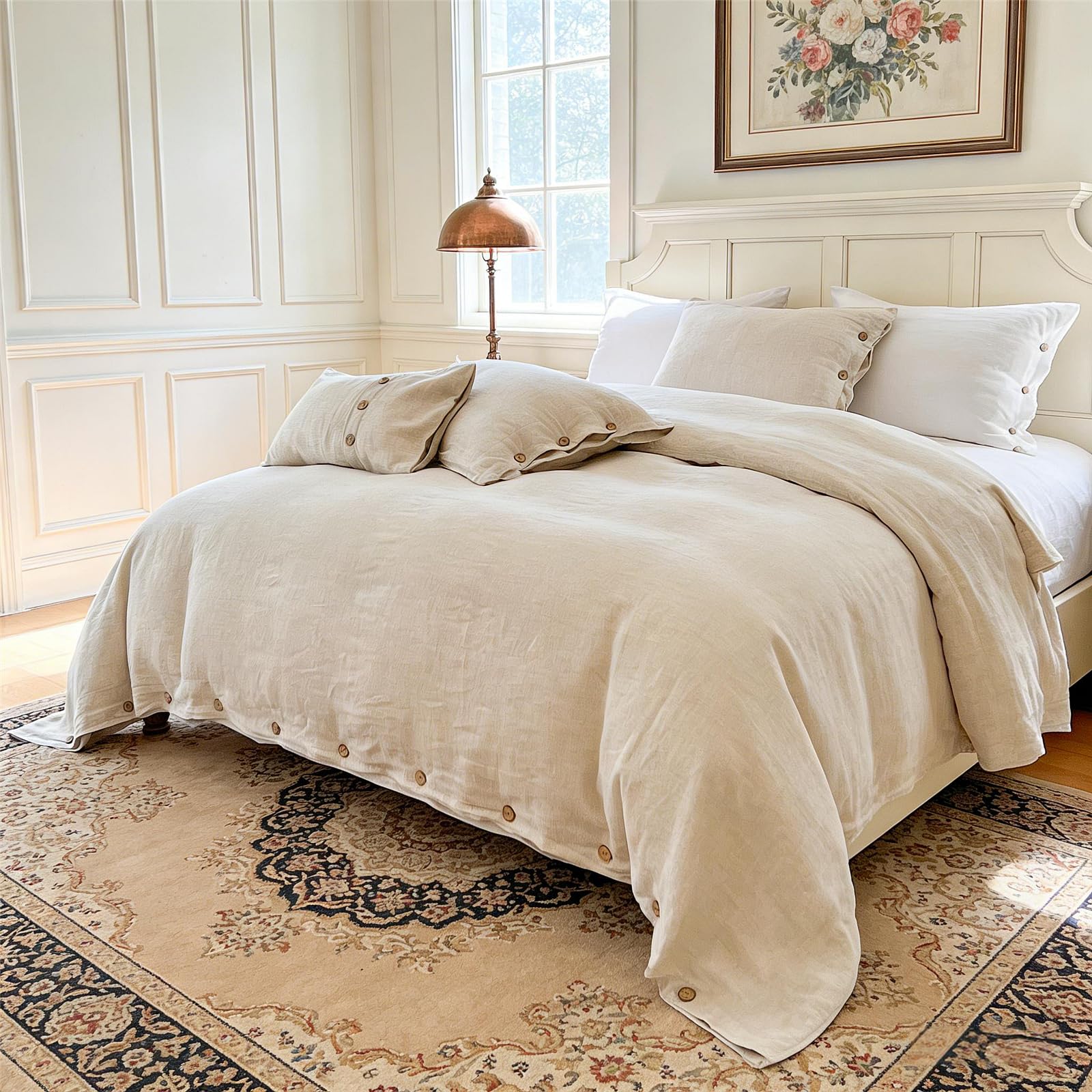 Simple&amp;Opulence 100% Linen Duvet Cover Set 2pcs with Coconut Button Closure Natural French Washed Flax Solid Color Soft Breathable Farmhouse Bedding - Linen, Twin Size