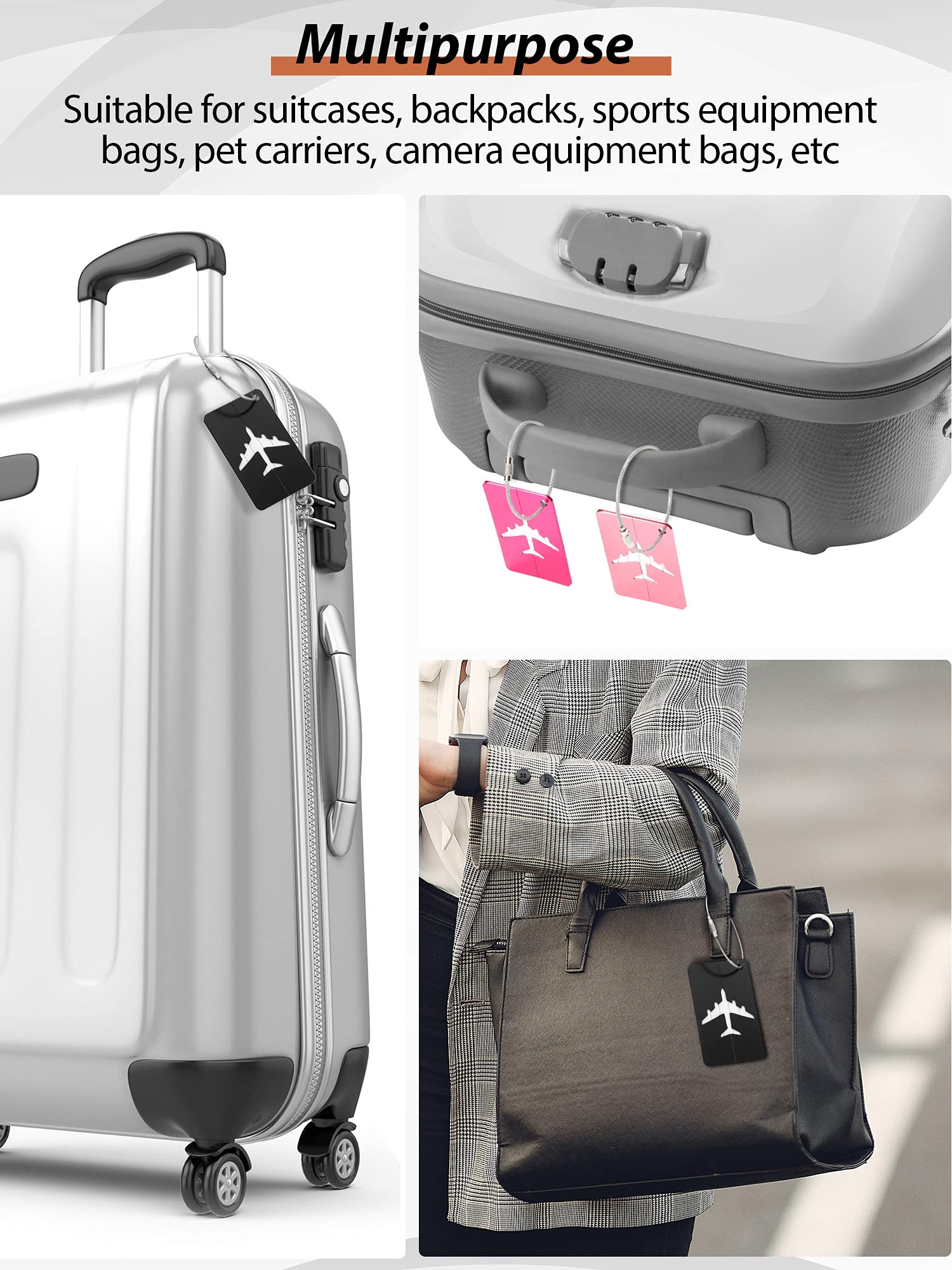 Étiquettes Bagage Aluminium - 8 Couleurs - Cordon Inox - Identifiant Valise Avion