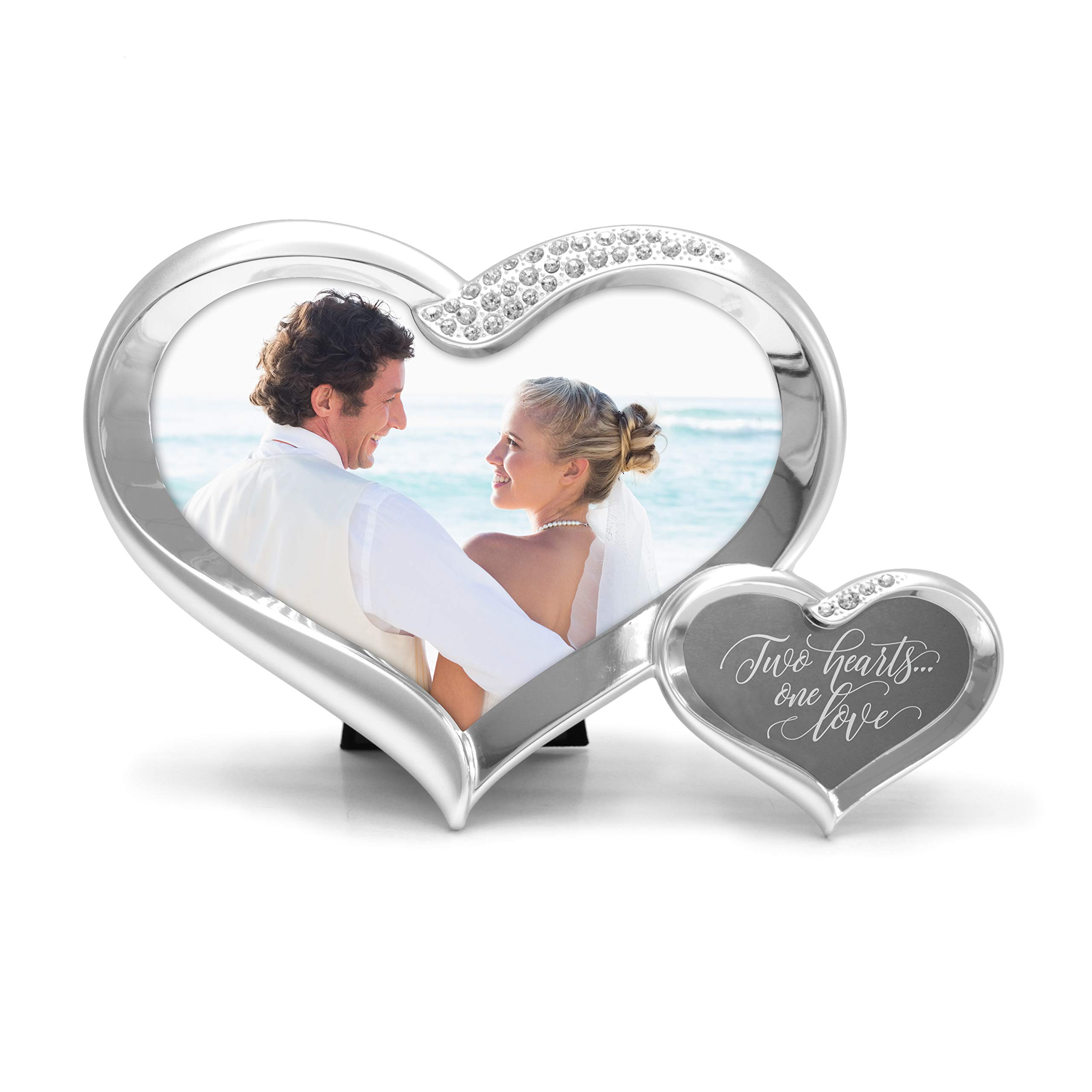 MIMOSA MOMENTS Engraved and Silver Plated Picture Frame with Rhinestones (Heart - Two hearts one love)