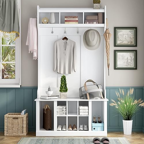 Miniatura 1 de Perchero de pasillo con banco y almacenamiento de zapatos, banco de entrada moderno 3 en 1 con compartimento para zapatos y ganchos, zapatero