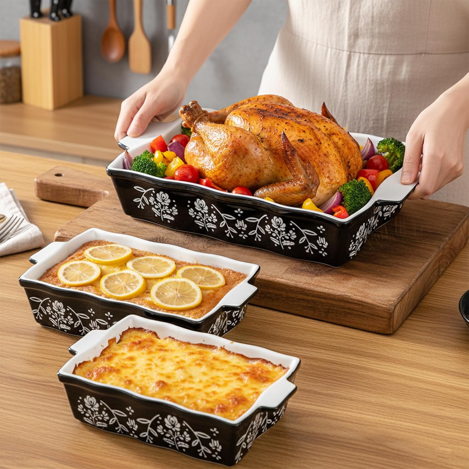 Bekith Casserole Dishes for Oven, Ceramic Baking Dishes with Handles, Ceramic Bakeware Set of 3, Rectangular Lasagna Pan Deep for Baking Cake Kitchen, Black (9"/12.3"/13.9")
