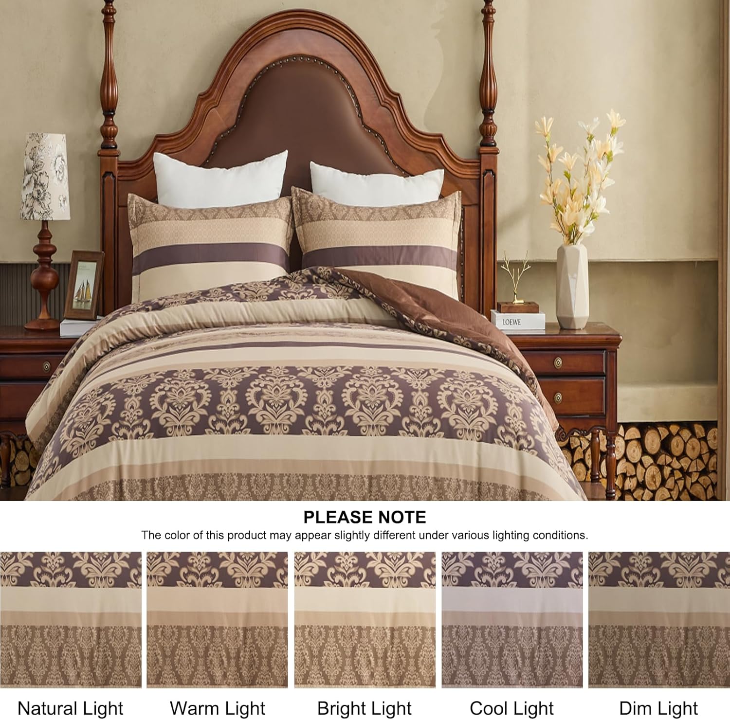 Cotton Comforter Set Queen Size - Brown Vintage Damask King Comforter Bedding Set, Warm Soft Bed Comforter for All Seasons 3pcs, Fluffy Quilted Comforter with 2 Pillowshams, Brown