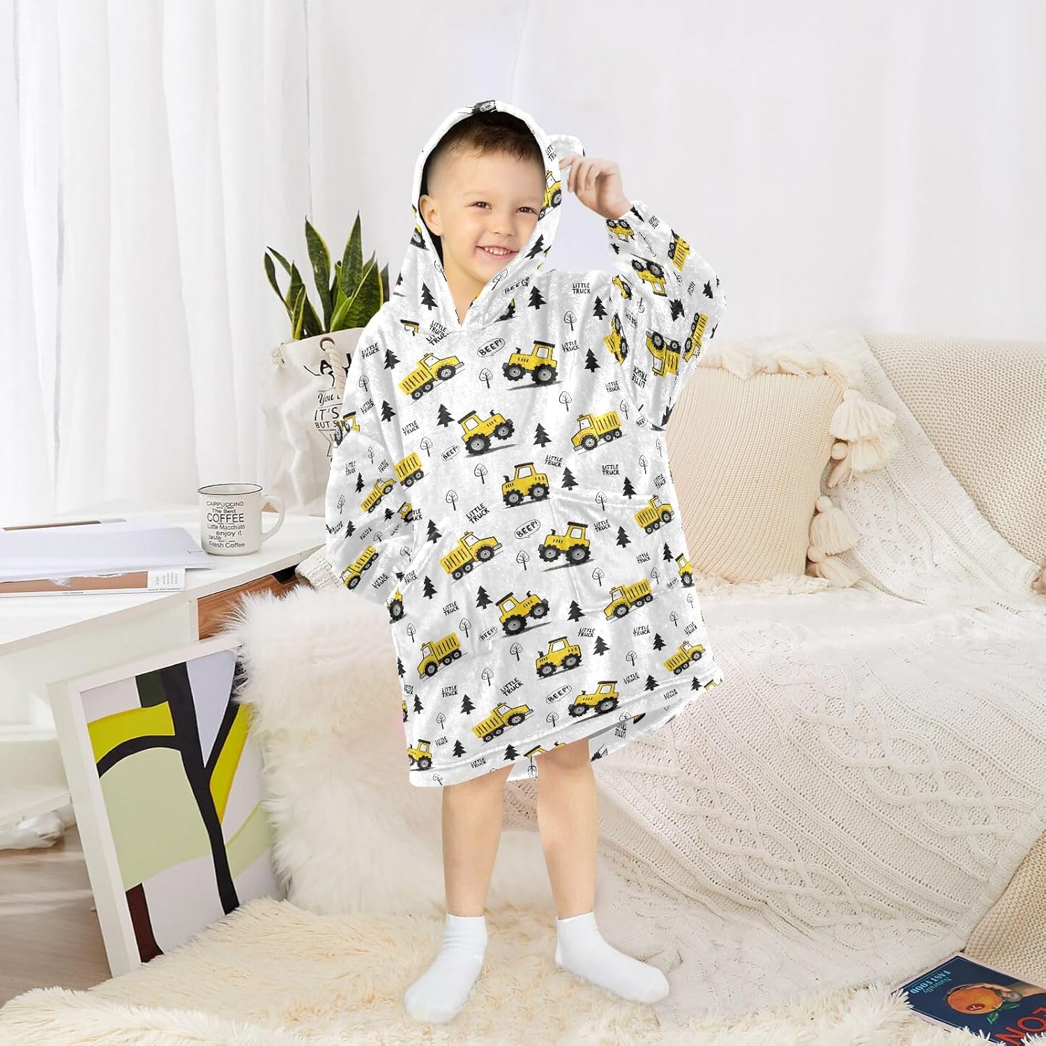 Cute Truck Cartoon Pattern Wearable Blankets for Kids, Soft Warm Cozy Blanket Hoodie for Boys Girls with Pocket