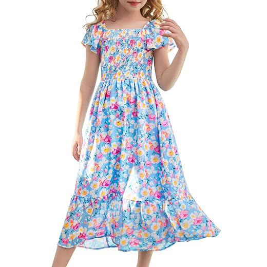 GRACE KARIN Girls Floral Dress Flutter Sleeve Square Neck Tiered Midi Dress Smocked Flared A-line Dress 5-12Y