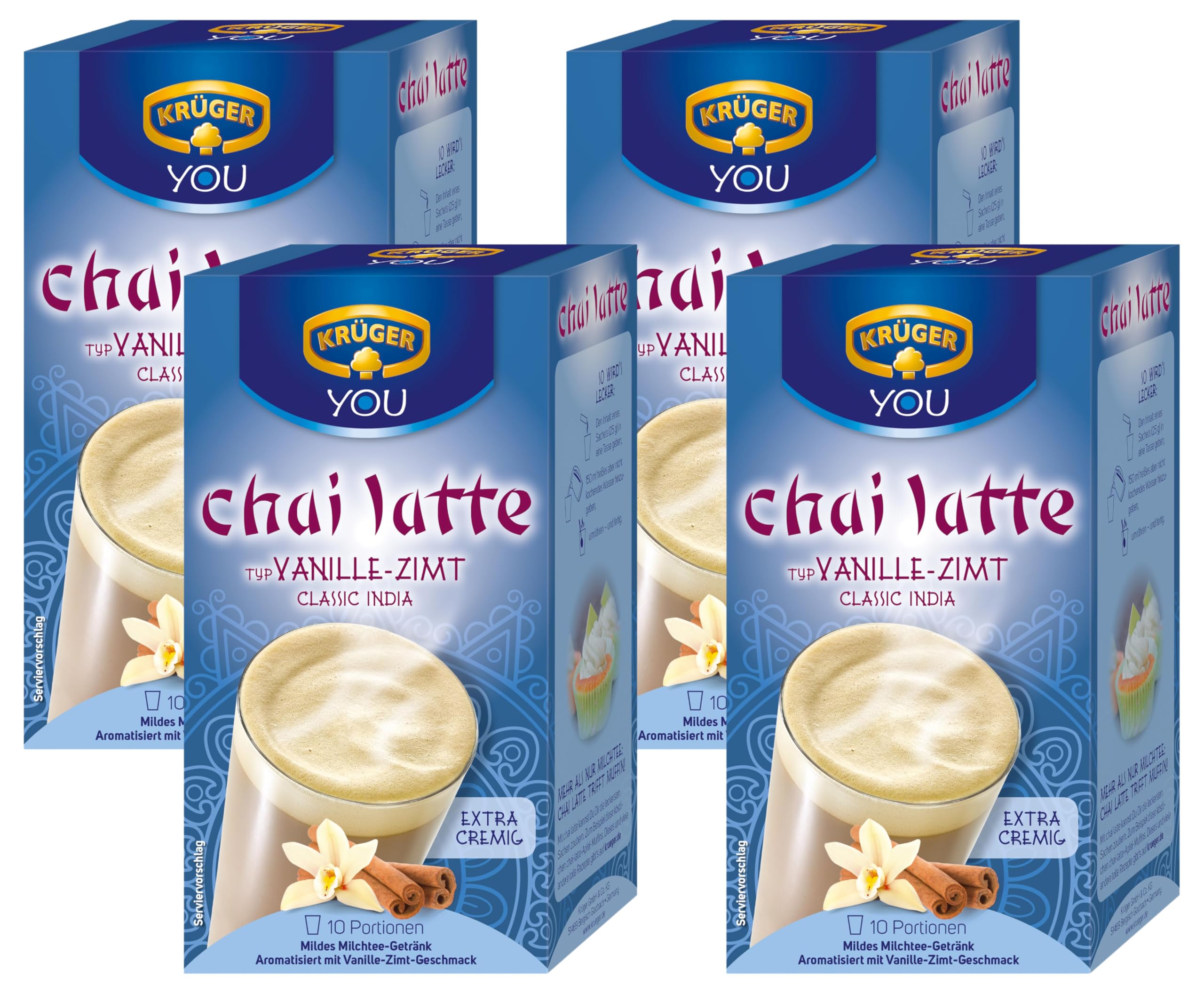 Krüger Chai Latte Vanille-Zimt Milchtee-Getränk (1 x 250 g Packung) (Packung mit 4)