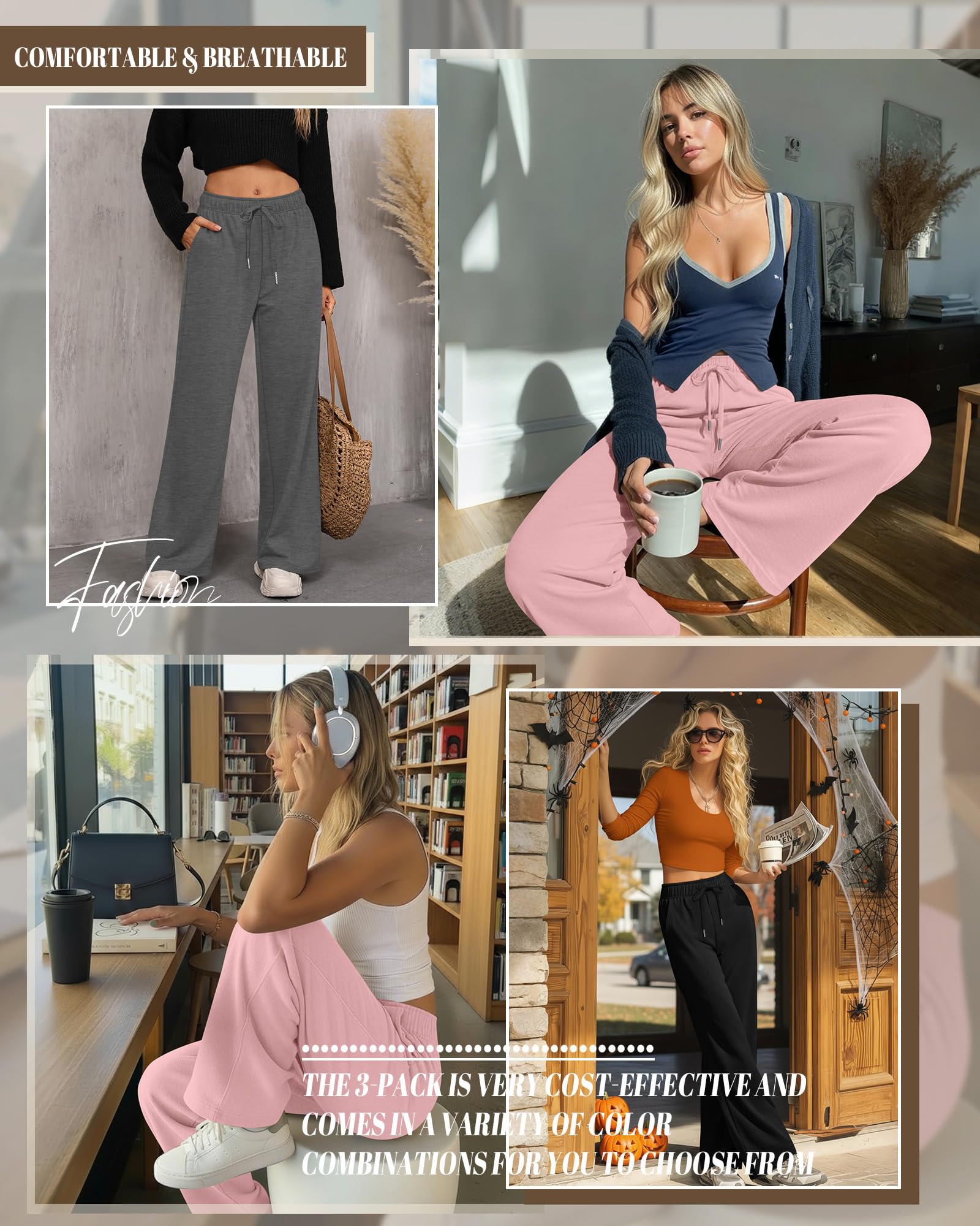 Riyiper 3er Pack Damen Jogginghosen mit Weitem Bein Kordelzug Gerade Hose Jogginghose mit Elastischem Bund und Taschen