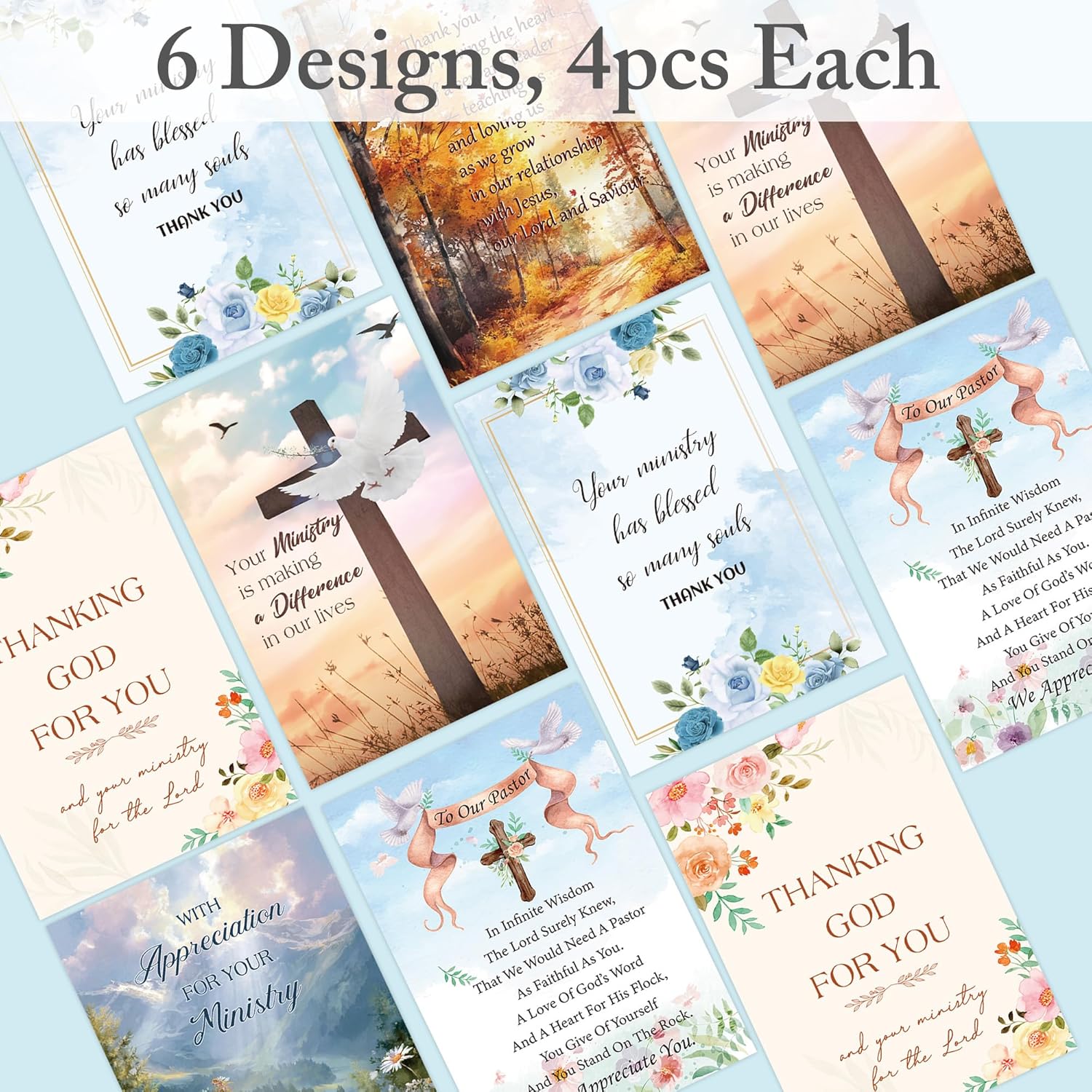 24 Pcs Christian Pastor Appreciation Cards, Religious Thank You Card with Envelopes and Stickers for Ministry Volunteers Priests Church Leaders, Bulk Inspirational Greeting Cards for Church Events - Image 3