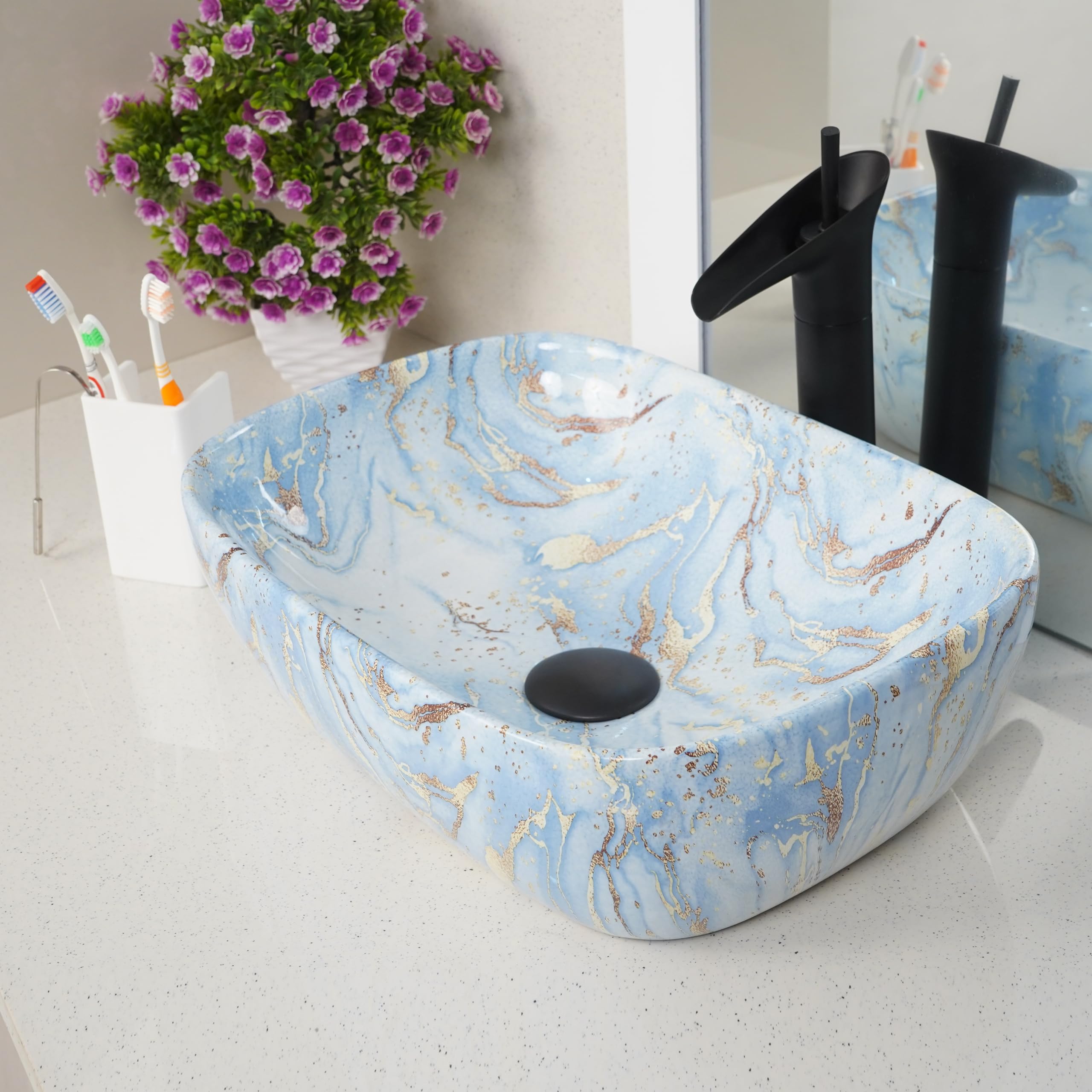 Hardstone Table Top Ceramic Wash Basin – Countertop Designer Vessel Sink - Bathroom Washbasin over counter For Hotel Home Living Room – Printed Glossy Finish (18 x 13 x 5.5 In, Blue With Gold Lines) (B0CR1G2M8V) Amazon Price History, Amazon Price Tracker