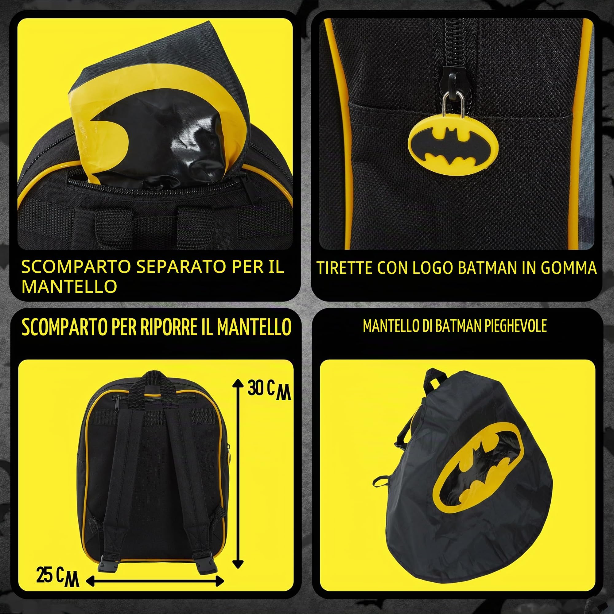 Zaino 3D Batman per ragazzi con mantello pieghevole Bambini DC Comics Novità Costume Zaino