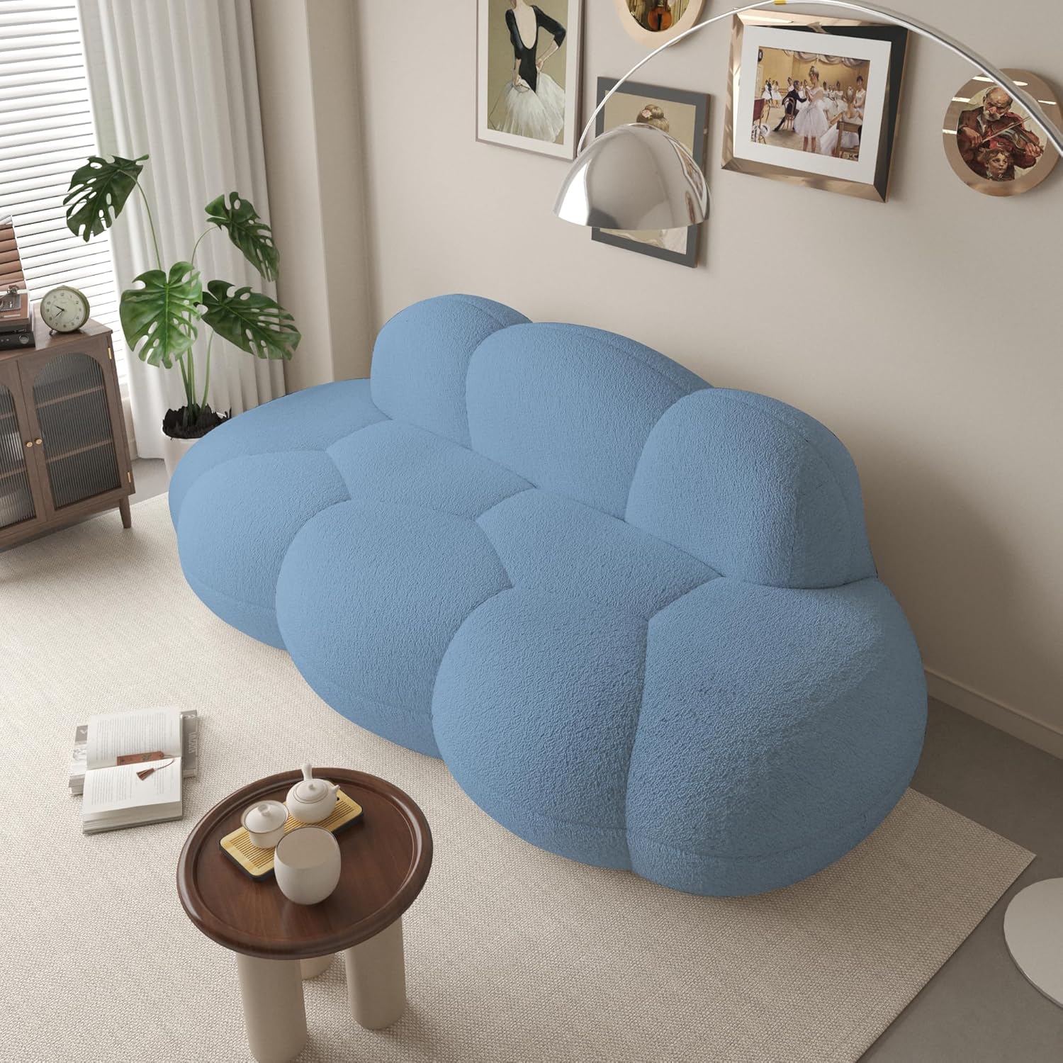 Boneless Small Couch for Bedroom, 90" Modern Curved Boucle Couch, Comfy Upholstered Cloud LoveSeat Floor Sofa, Deep Seat Leisure Bubble Couches for Living Room, Small Space (Blue, No Installation)