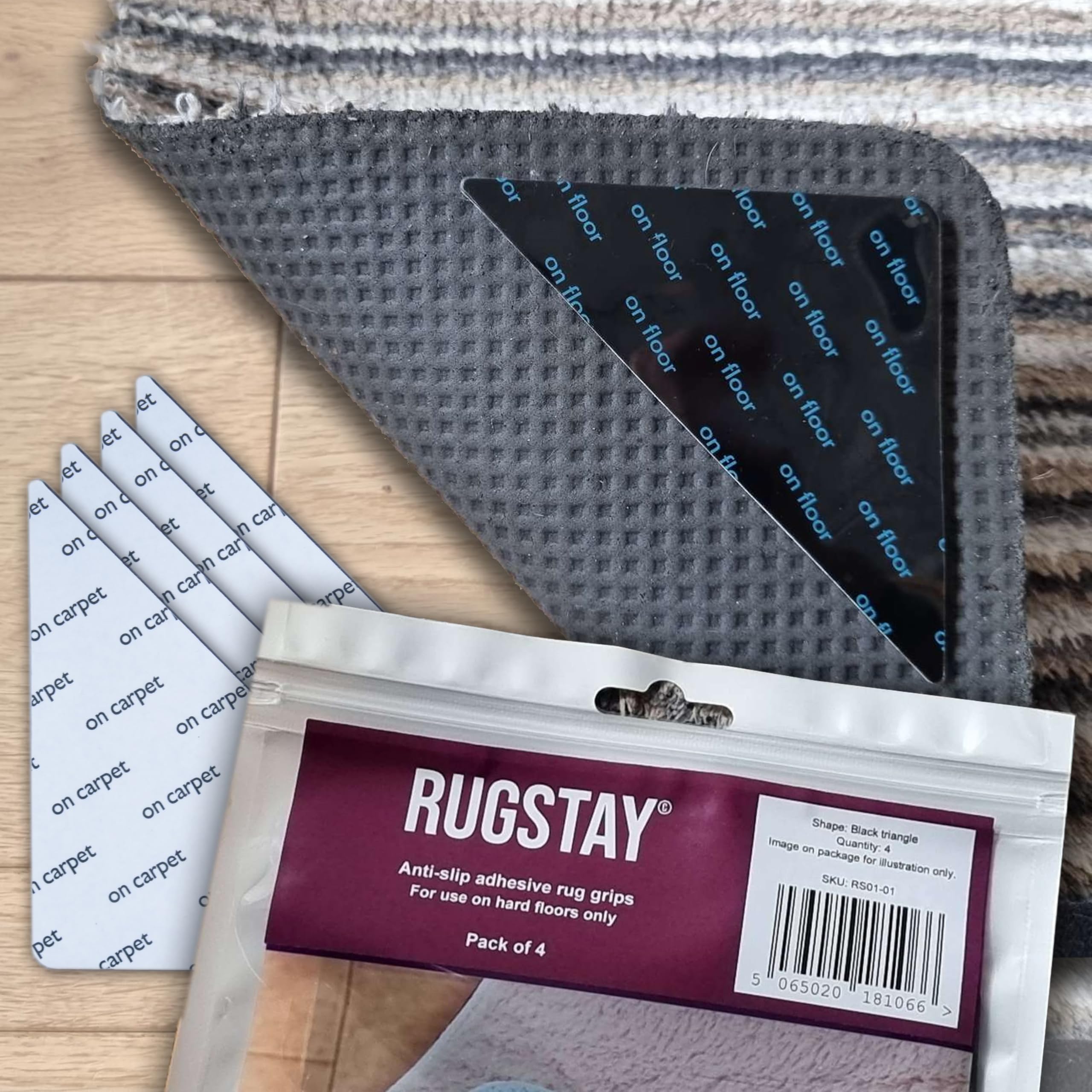 Rugstay Black - Rug Gripper Stickers - For Hard Floors: Hardwood, Laminate, Marble, Tile. No Slip Or Skid (Pack Of 4)