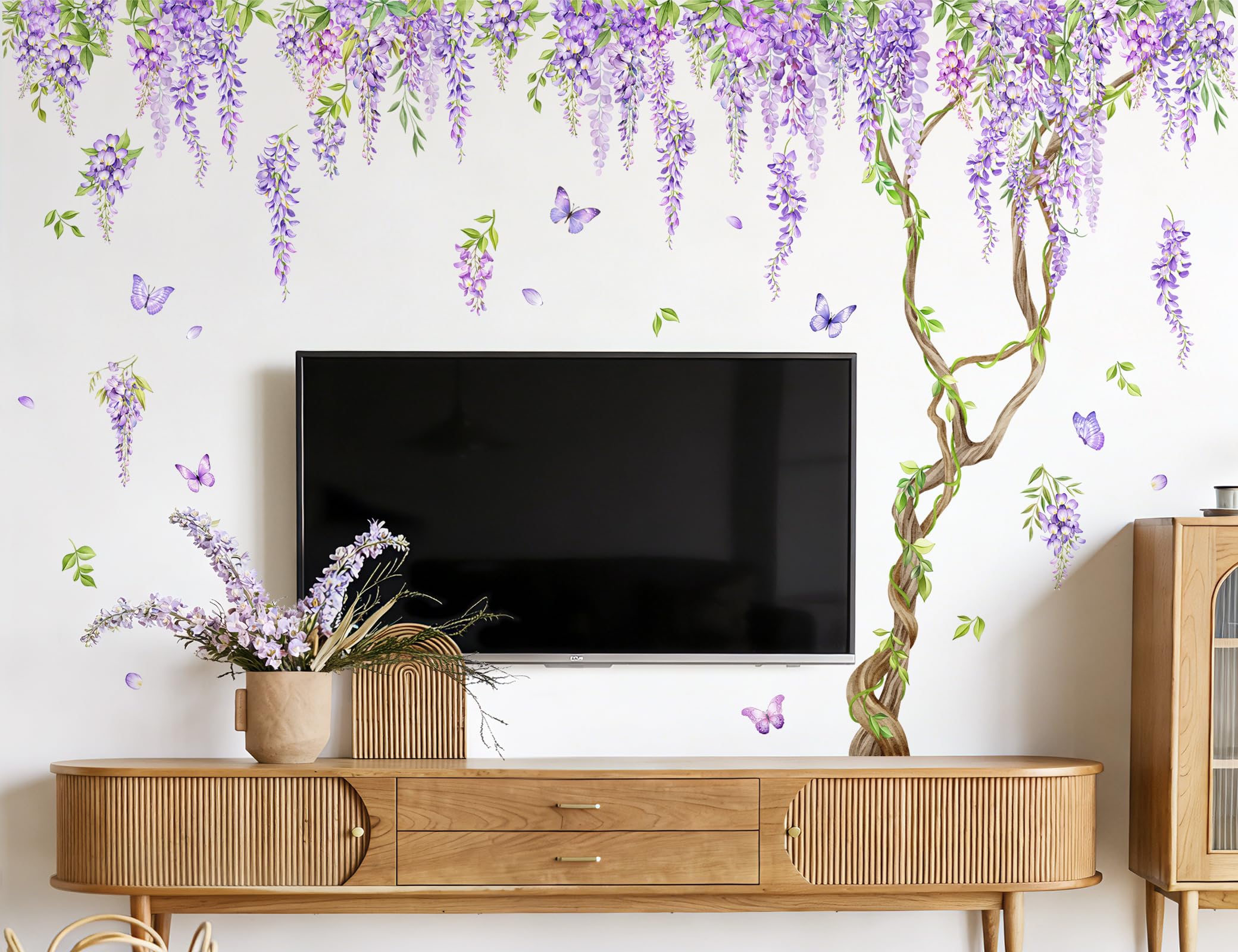 Hanging Wisterial Floral Wall Decals, Purple Vine Branch Wall Stickers Vinyl Peel and Stick Wall Art Sticker for Living Room Bedroom Sofa TV Backdrop Home Decor
