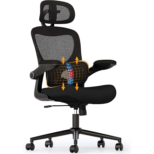 SUNNOW Ergonomic Office Chair, Comfy Mesh Desk Chair, High Back Computer Gaming Chairs with Adjustable Lumbar Support, Flip-Up Arms, Headrest, Tilt Function, Wide Cushion, Swivel Wheel, BIFMA Quality