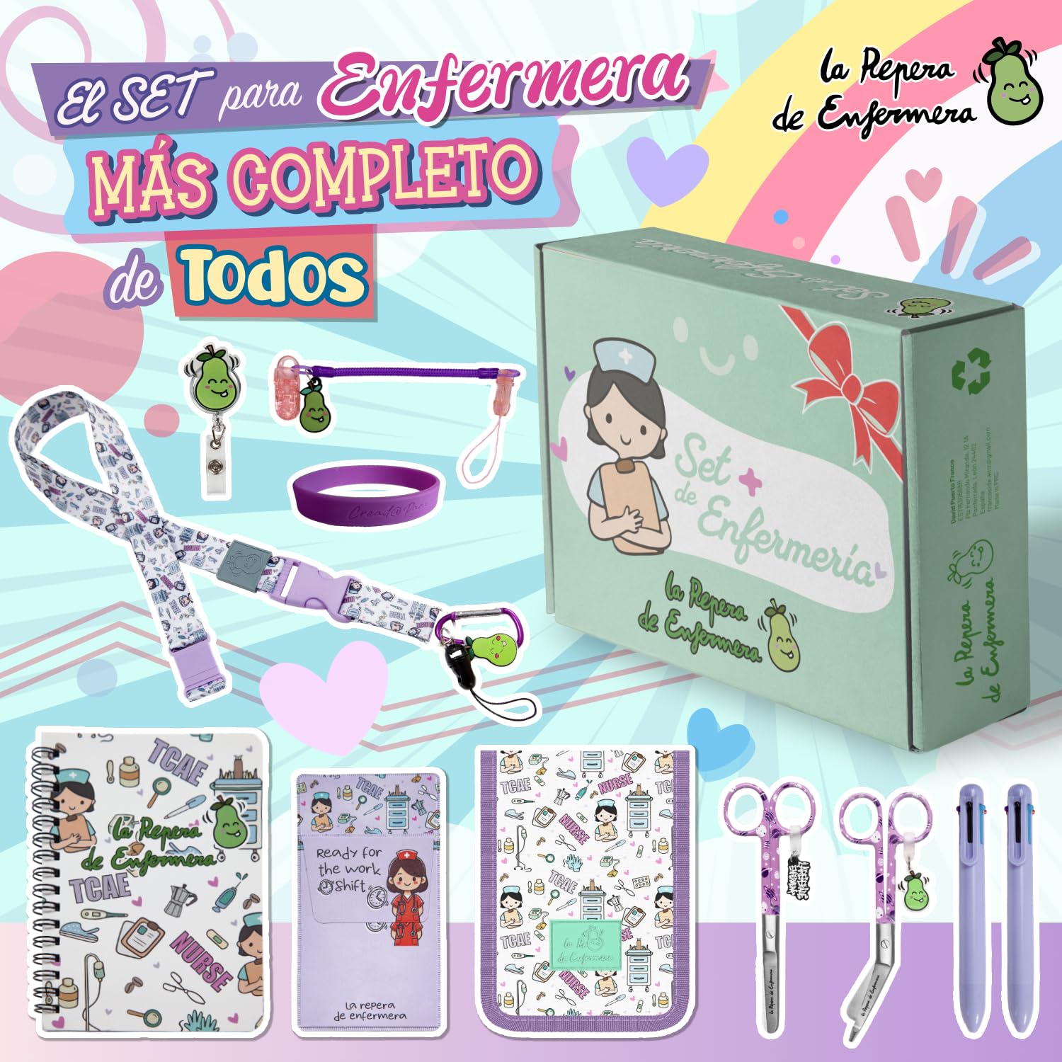 Pack de Enfermería 10 piezas | Regalos para Enfermeras | Salvabolsillos de enfermeria + 2 tijeras + Organizador de bolsillo enfermeria + Accesorios enfermeras (PURPLE NURSEES)