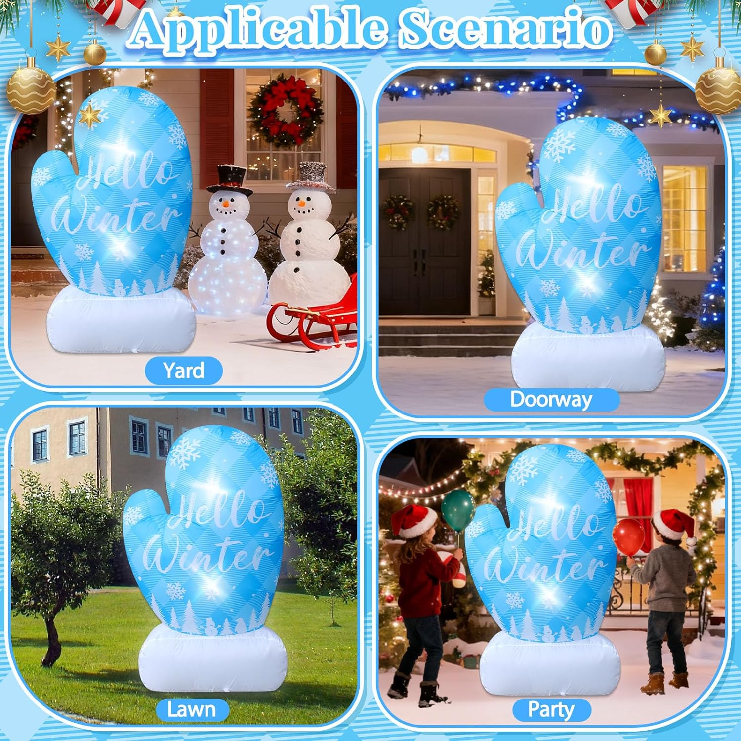 4.9FT Christmas Inflatable Snowflake Mittens Outdoor Decoration Hello Winter Sign Blue Gloves Xmas Blow Up Built in 2 LED Lights for Yard Lawn Garden Winter Wonderland Frozen Birthday Party Decoration