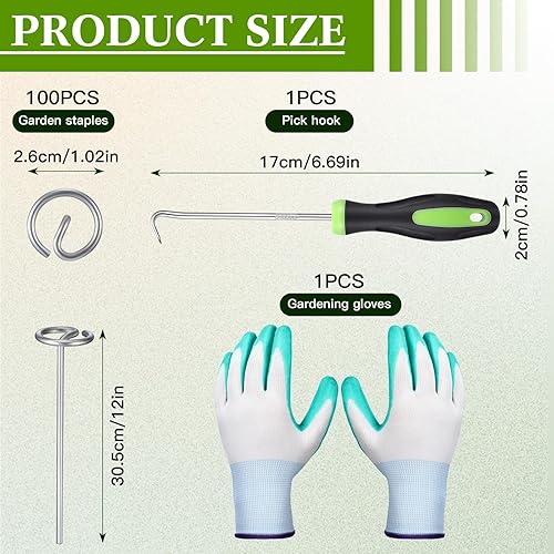 Miniatura 2 de Tandefio 102 grapas circulares para paisaje, con levantador de uñas y guantes de jardinería, grapas de jardín galvanizadas de calibre 8 para