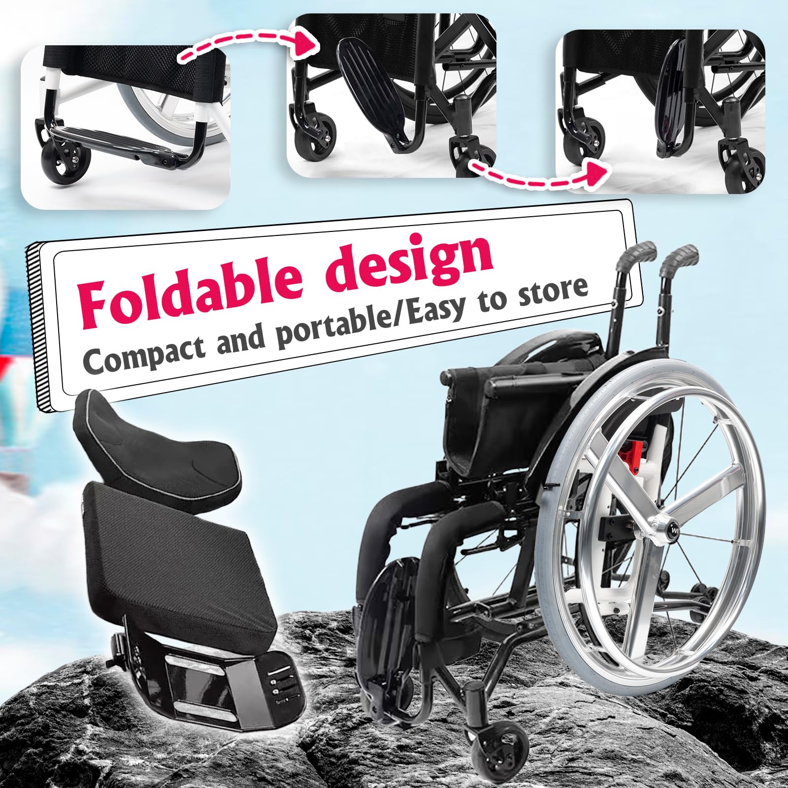 Ligera y plegable para transporte,illa de ruedas de aluminio para viajes, Silla de ruedas de tránsito,con freno de mano y ruedas de liberación rápida,Para mayores,minusválidos(16.5in seat width)