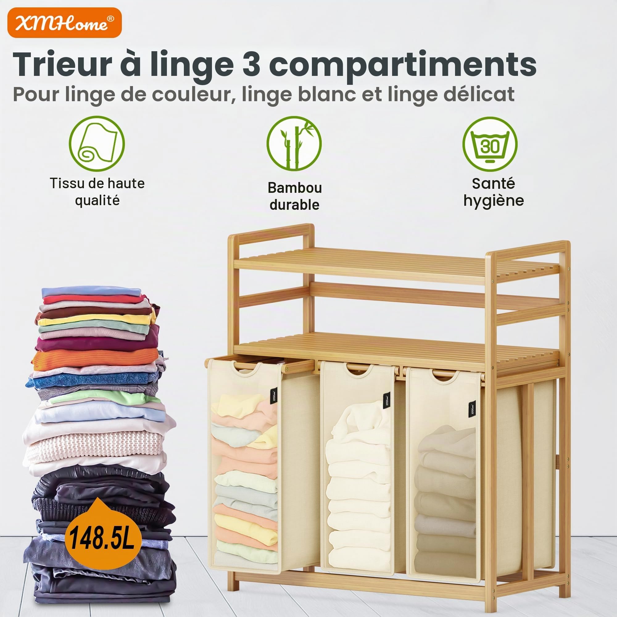 Panier à linge 3 compartiments 148 litres en bambou avec 2 niveaux | Grand panier à linge avec sac amovible Rectangulaire boîte à linge pour salle de bain,chambre et buanderie 77,5x41,3x100,5 cm