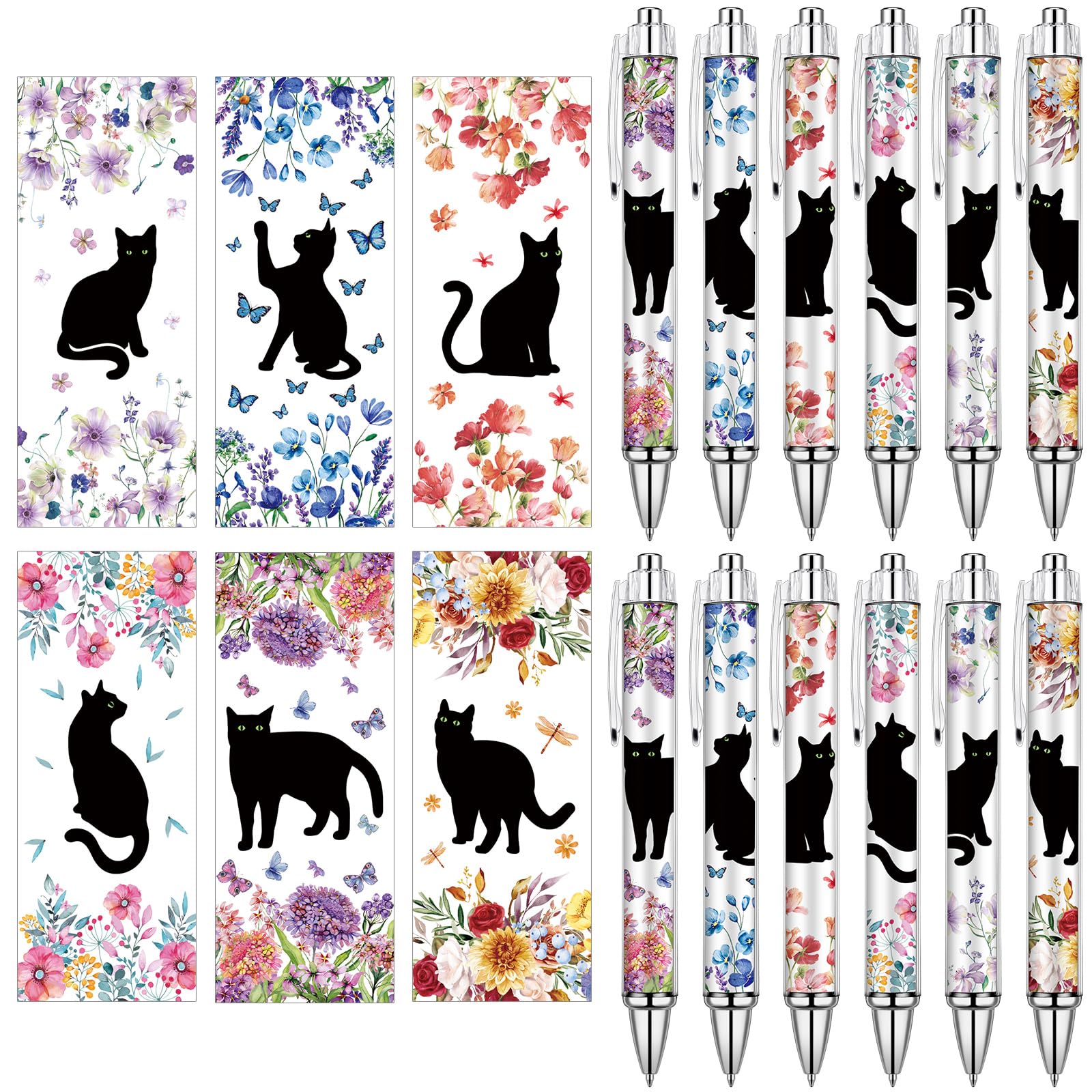 Humyoun Black Cat Ballpoint Pens 24 Pcs - Book Lover Cute Vintage Flowers Print - Animal Lover Gifts Thank You Gift Writing for Office Stationery
