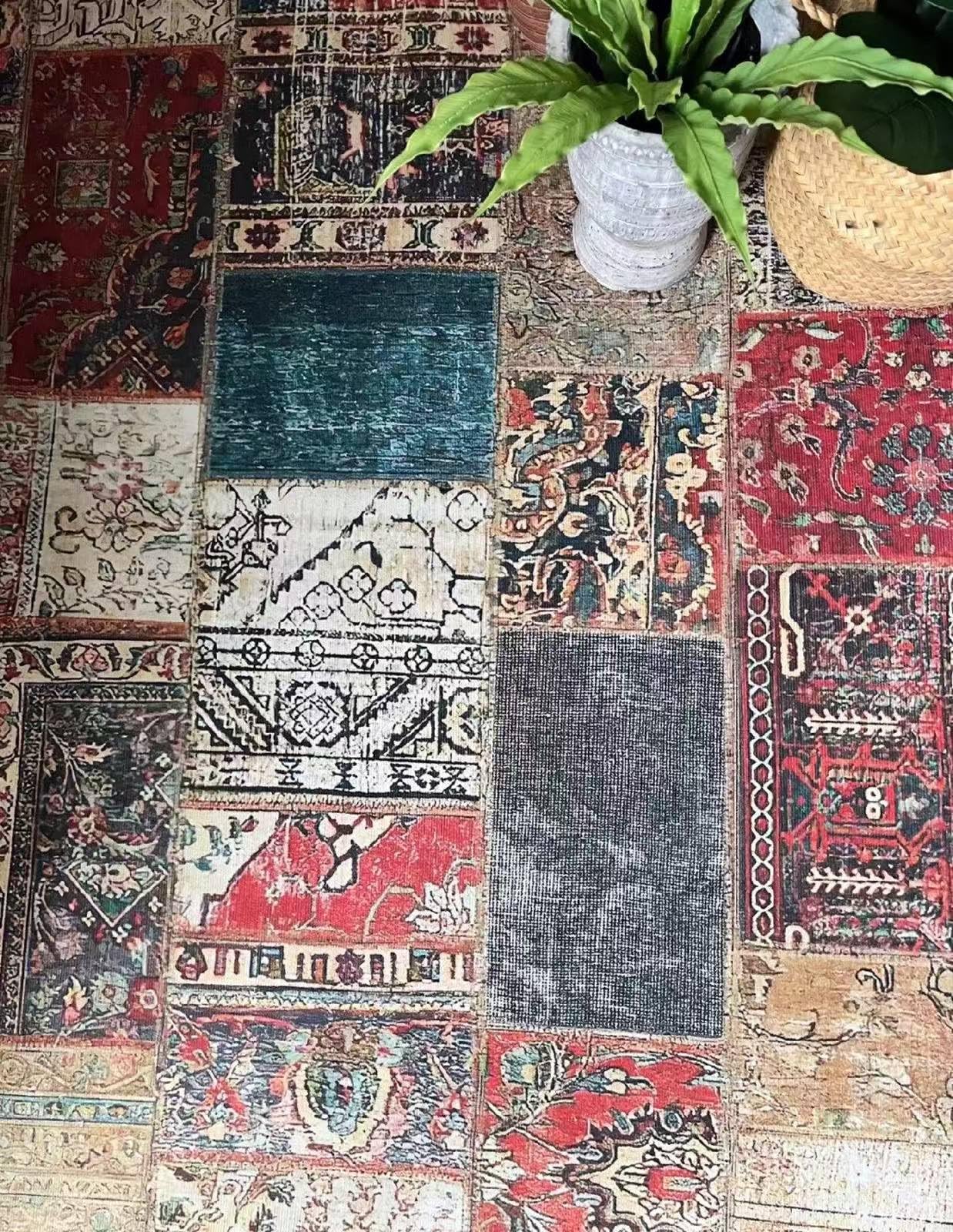 Teppich für Wohnzimmer, 120 x 160 cm, rutschfest, superweich, niedriger Flor, maschinenwaschbar, Küche, Heimdekoration, Büro, Teppich, Retro, Ethno-Stil, Patchwork, Mehrfarbig, Rot