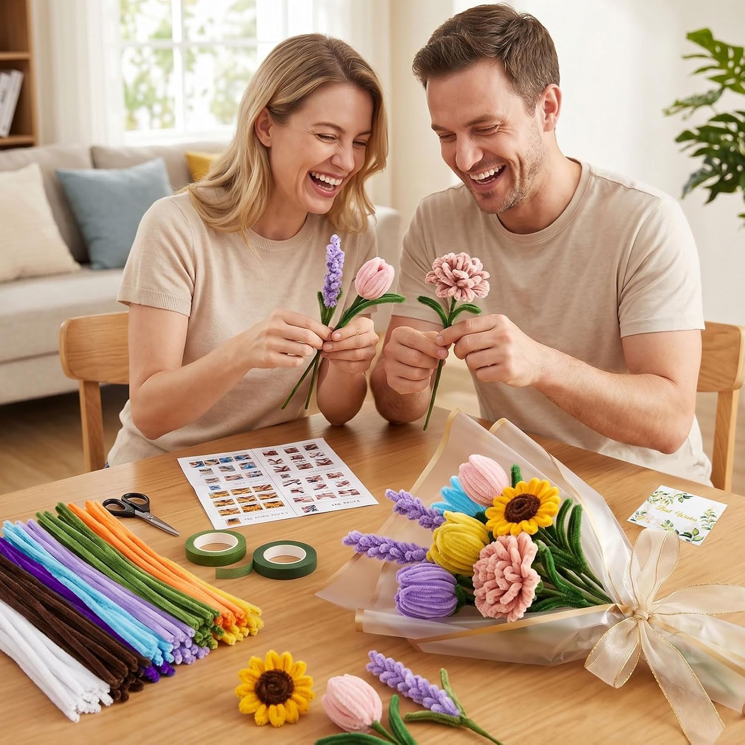 800 PCS Pipe Cleaner Flower Kit,13 Color Pipe Cleaners Bulk Chenille Stems with Flower Stamen, Floral Tape, Ribbon, Paper Sheets and Instructions for DIY Arts and Crafts(800)