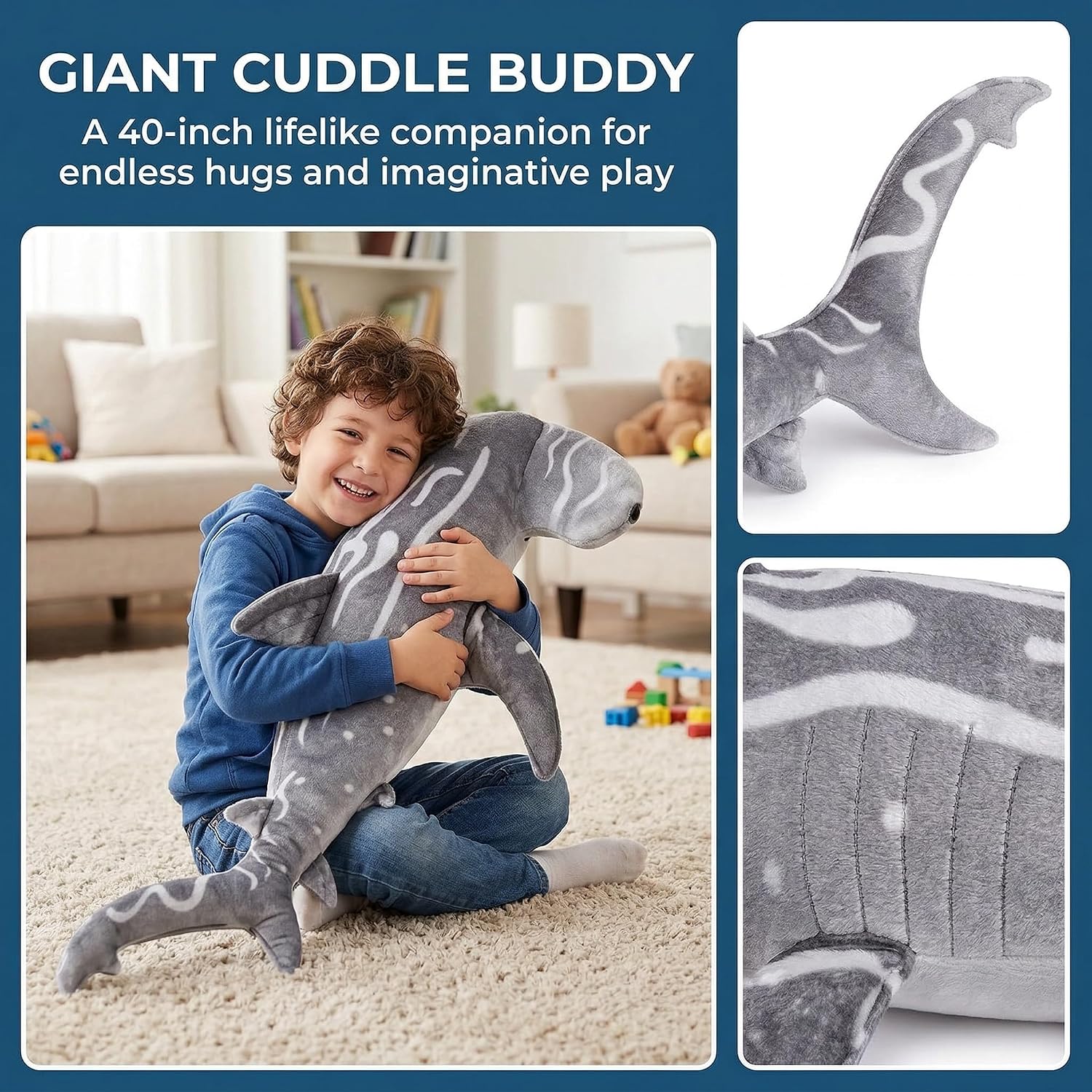Giant Hammerhead Shark Plush Toy - Realistic 40in Long Grey Hammerhead Shark Stuffed Toys, Super Soft Ocean Sea Creatures Sharks Plush Toy Gift Collection for Kids