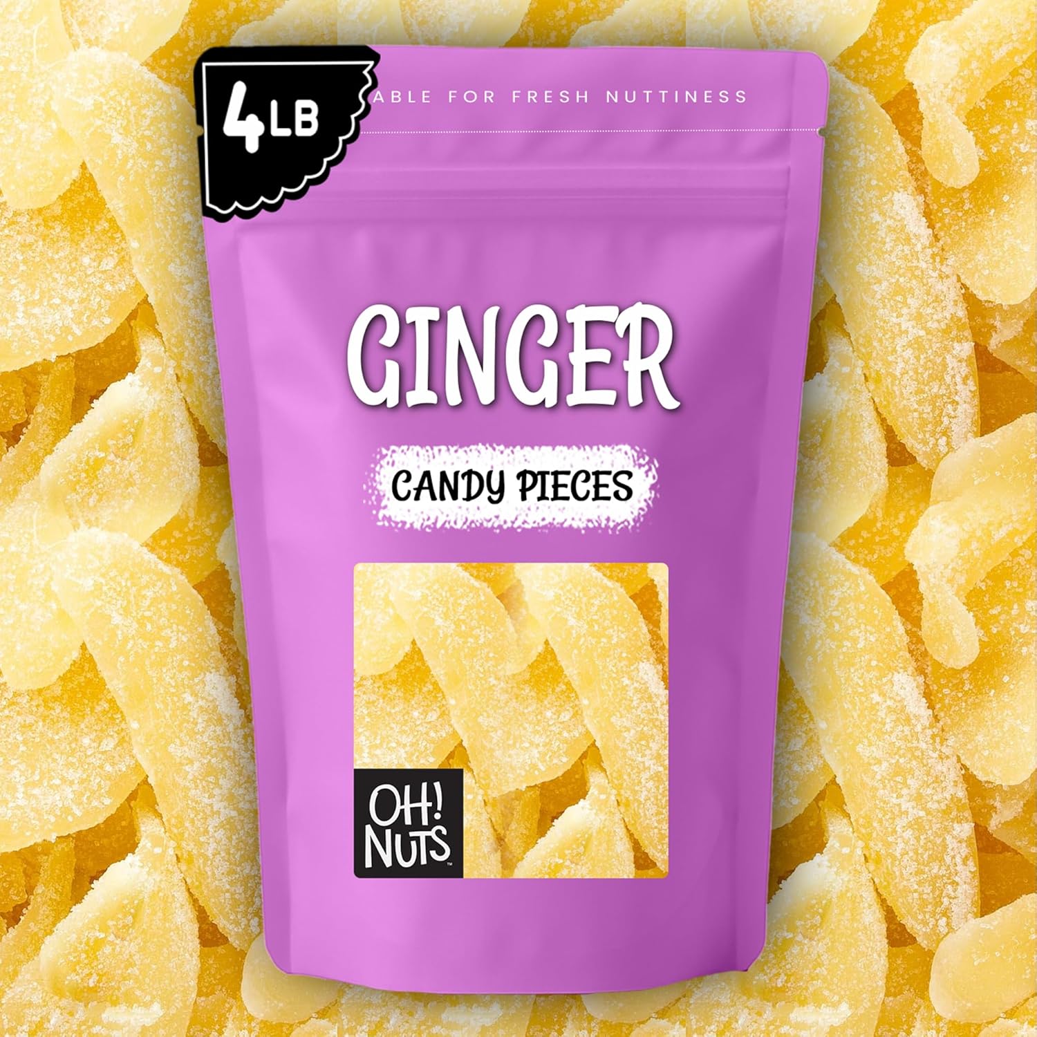 Oh! Nuts Ginger Candy - 4 lb - Dried Fruit Slices - with Crystallized Sugar Candied Coating - Dehydrated Fruit Bites - Packed in New York Zip-Seal Bag for Exceptional Freshness