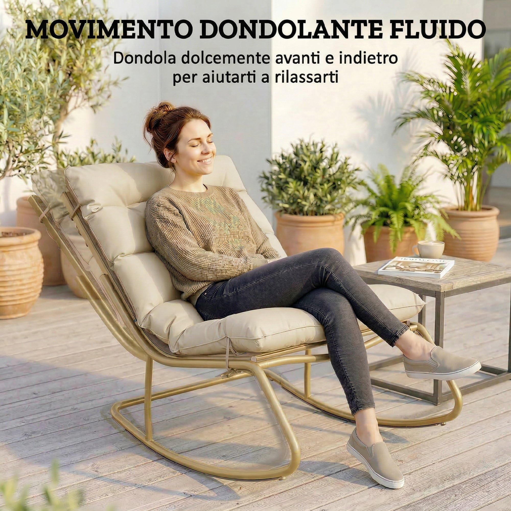 Outsunny Sedia Sdraio a Dondolo da Esterno con Seduta Extra Larga da 64 cm e Cuscino Morbido, Poltrona da Giardino, Balcone, Veranda, Cachi