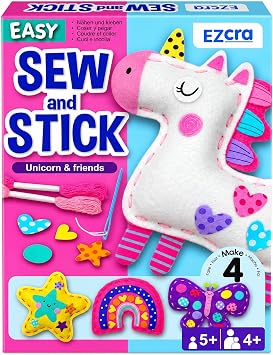 EZCRA Unicorn Sewing Kit for Kids Ages 4-8 - 4 Beginner Projects | Sewing Craft Kit for Girls. 4 Easy DIY Projects with Felt Stickers. No Mess Arts and Crafts Gift for Girls.